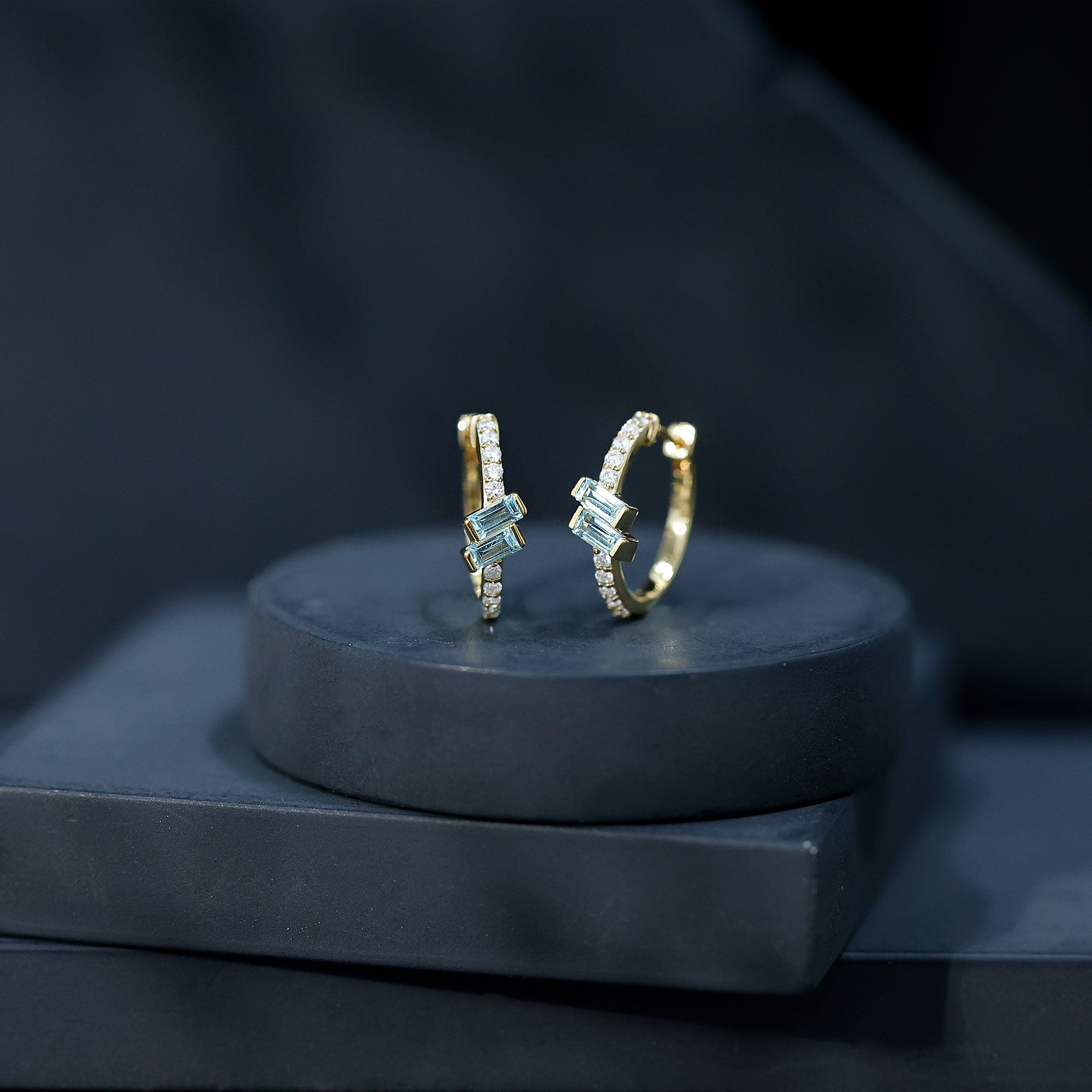 Natural Baguette Shape Sky Blue Topaz Diamond Hoop Earrings