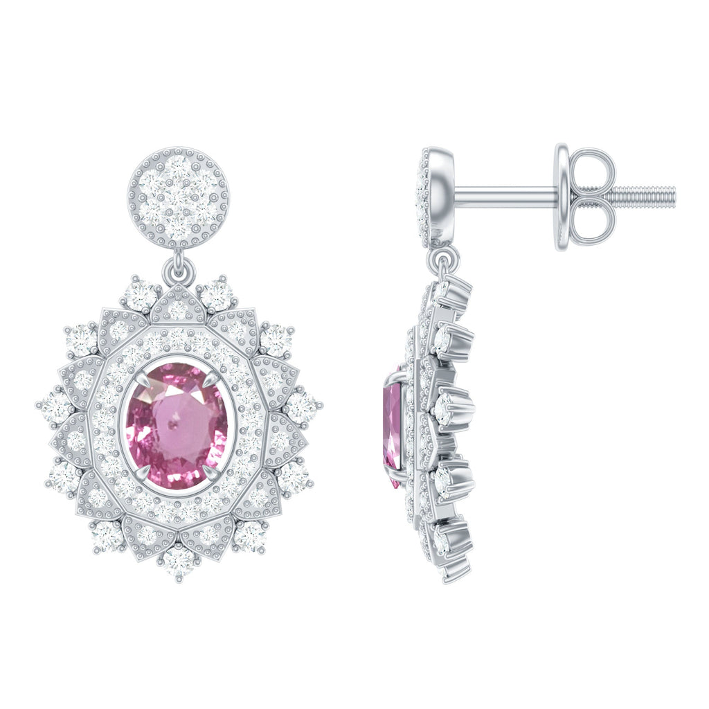 Vintage Inspired Pink Sapphire and Diamond Bridal Dangle Earrings