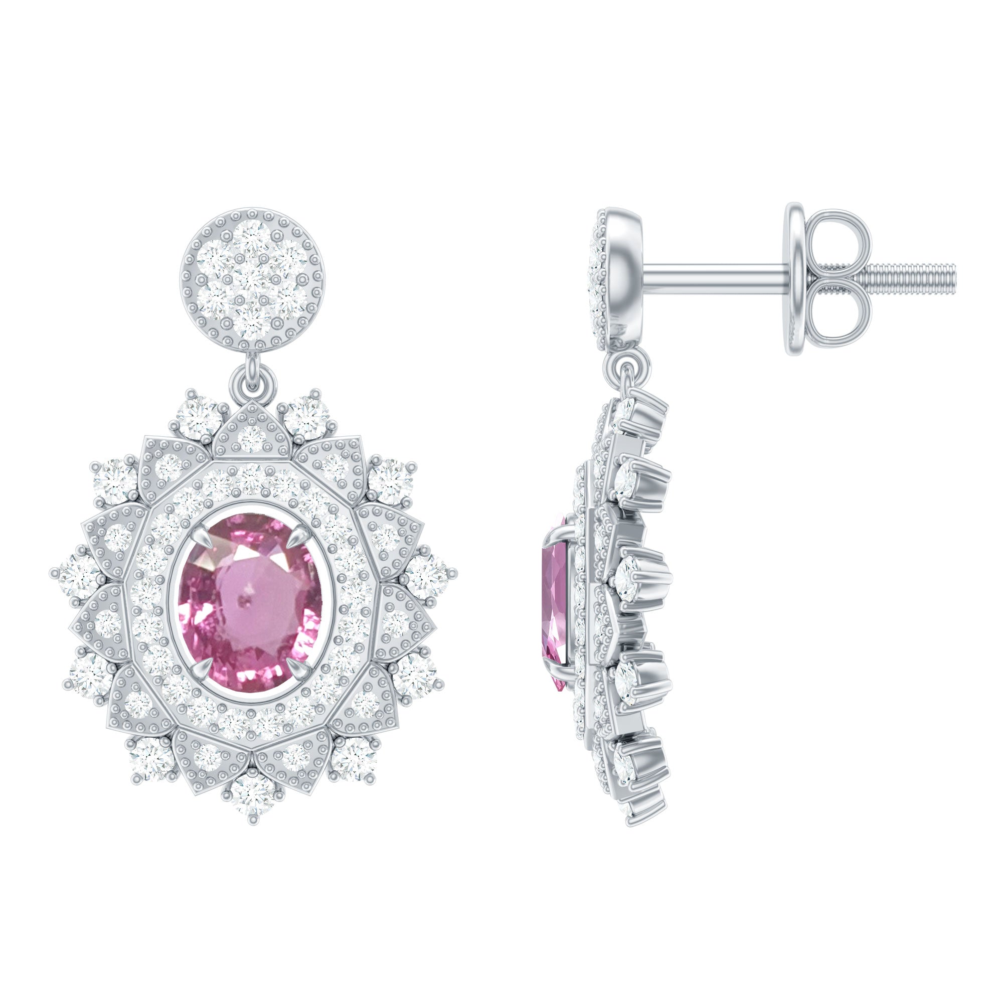 Vintage Inspired Pink Sapphire and Diamond Bridal Dangle Earrings