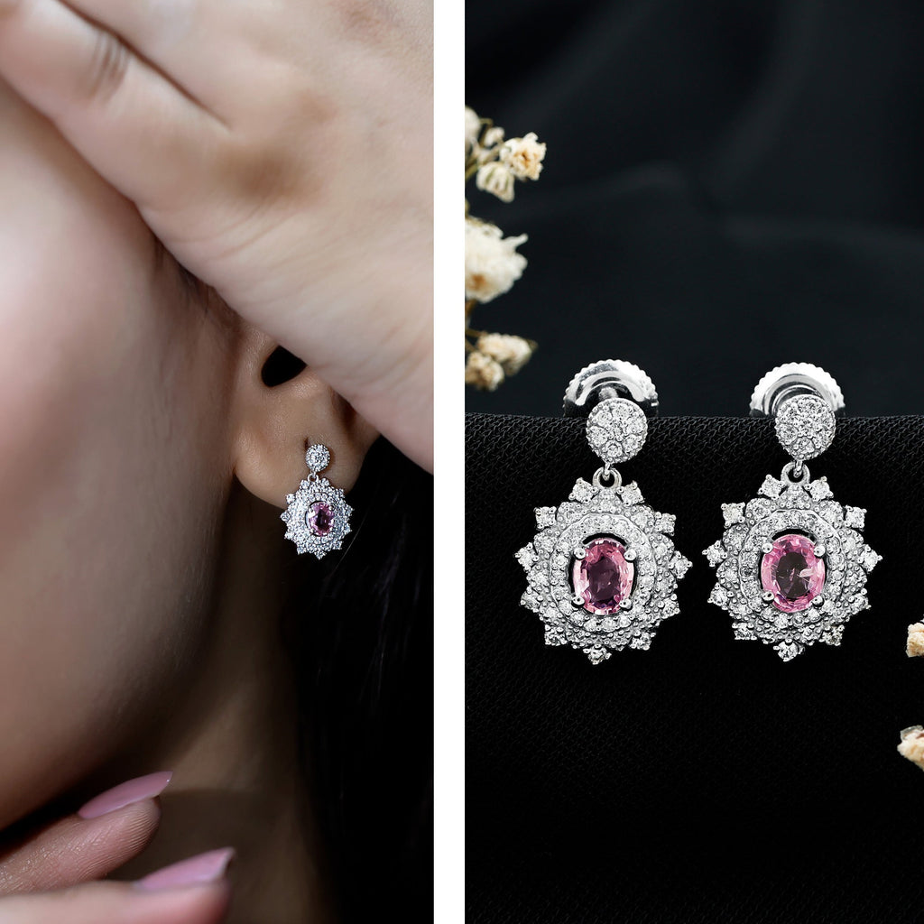 Vintage Inspired Pink Sapphire and Diamond Bridal Dangle Earrings