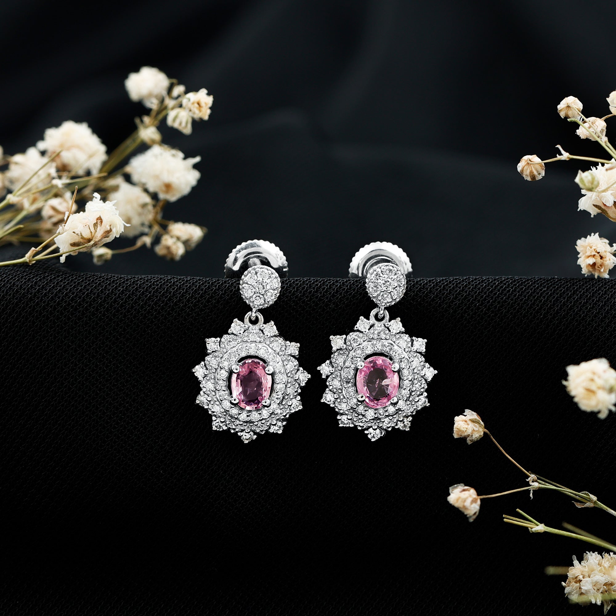 Vintage Inspired Pink Sapphire and Diamond Bridal Dangle Earrings