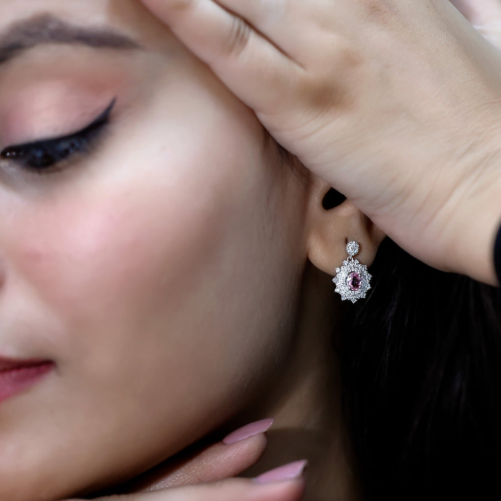 Vintage Inspired Pink Sapphire and Diamond Bridal Dangle Earrings