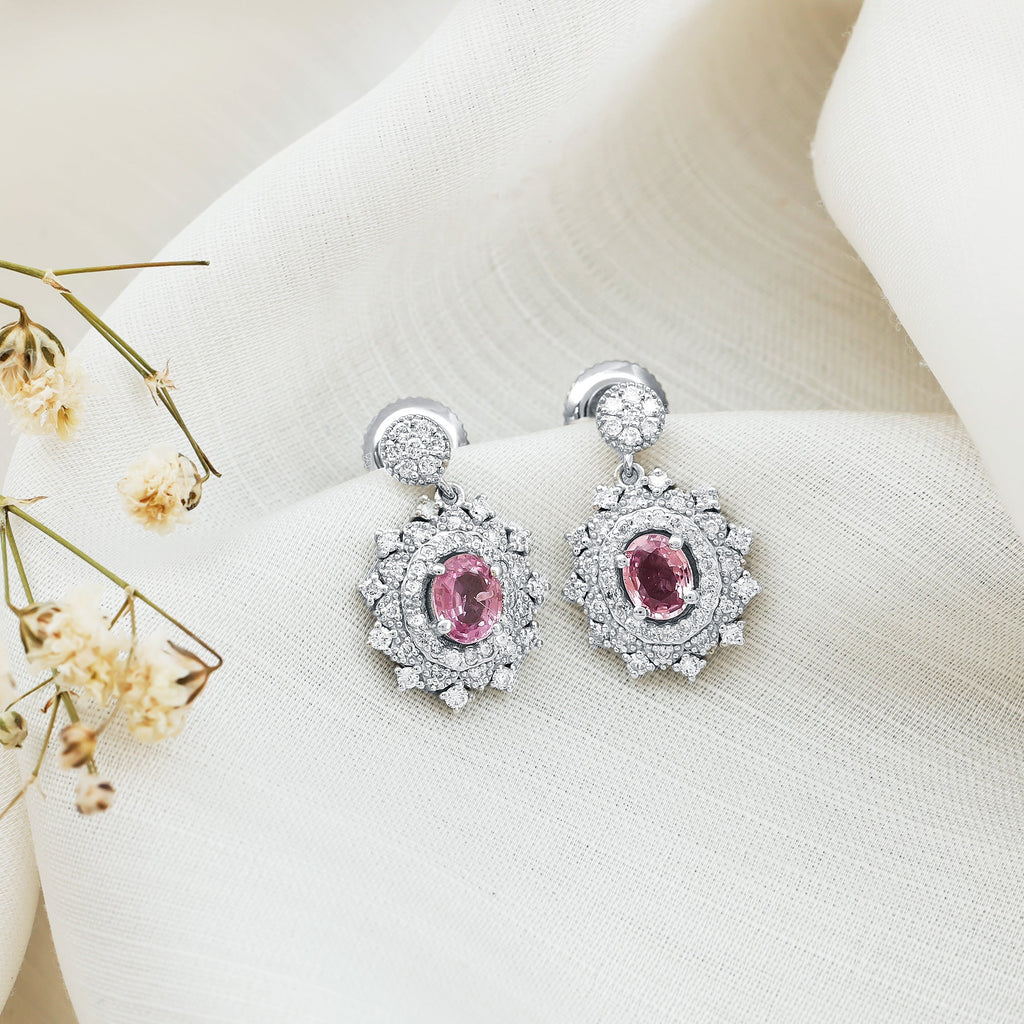Vintage Inspired Pink Sapphire and Diamond Bridal Dangle Earrings