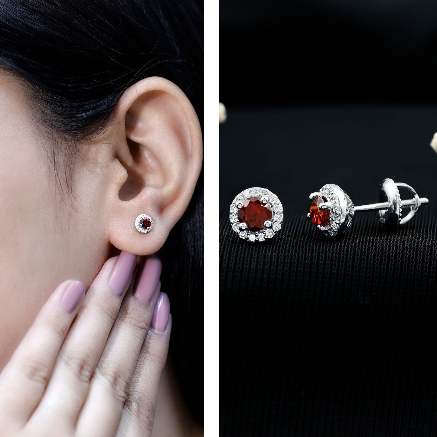 Genuine Garnet Stud Earrings with Lab Grown Diamond Halo