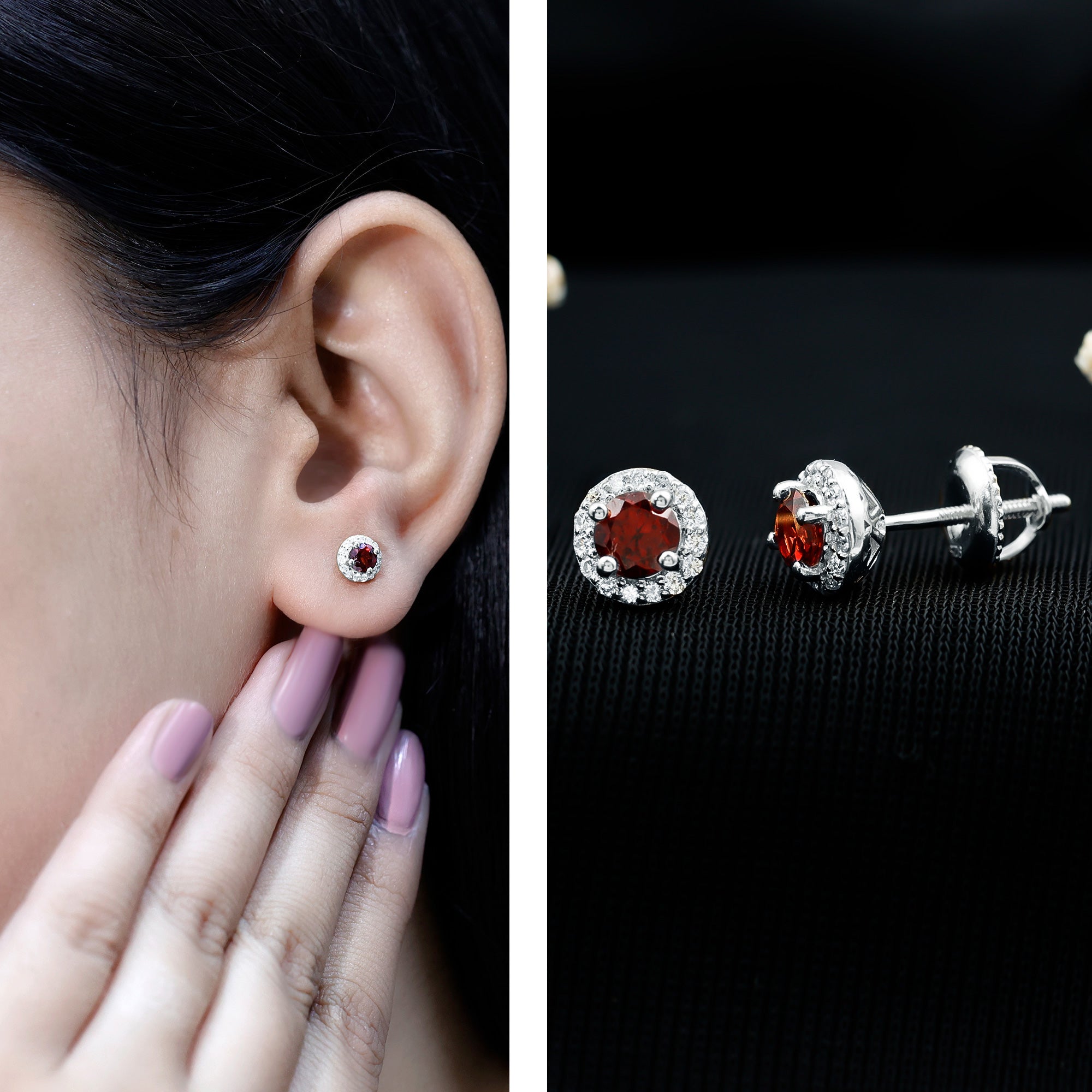 Genuine Garnet Stud Earrings with Lab Grown Diamond Halo
