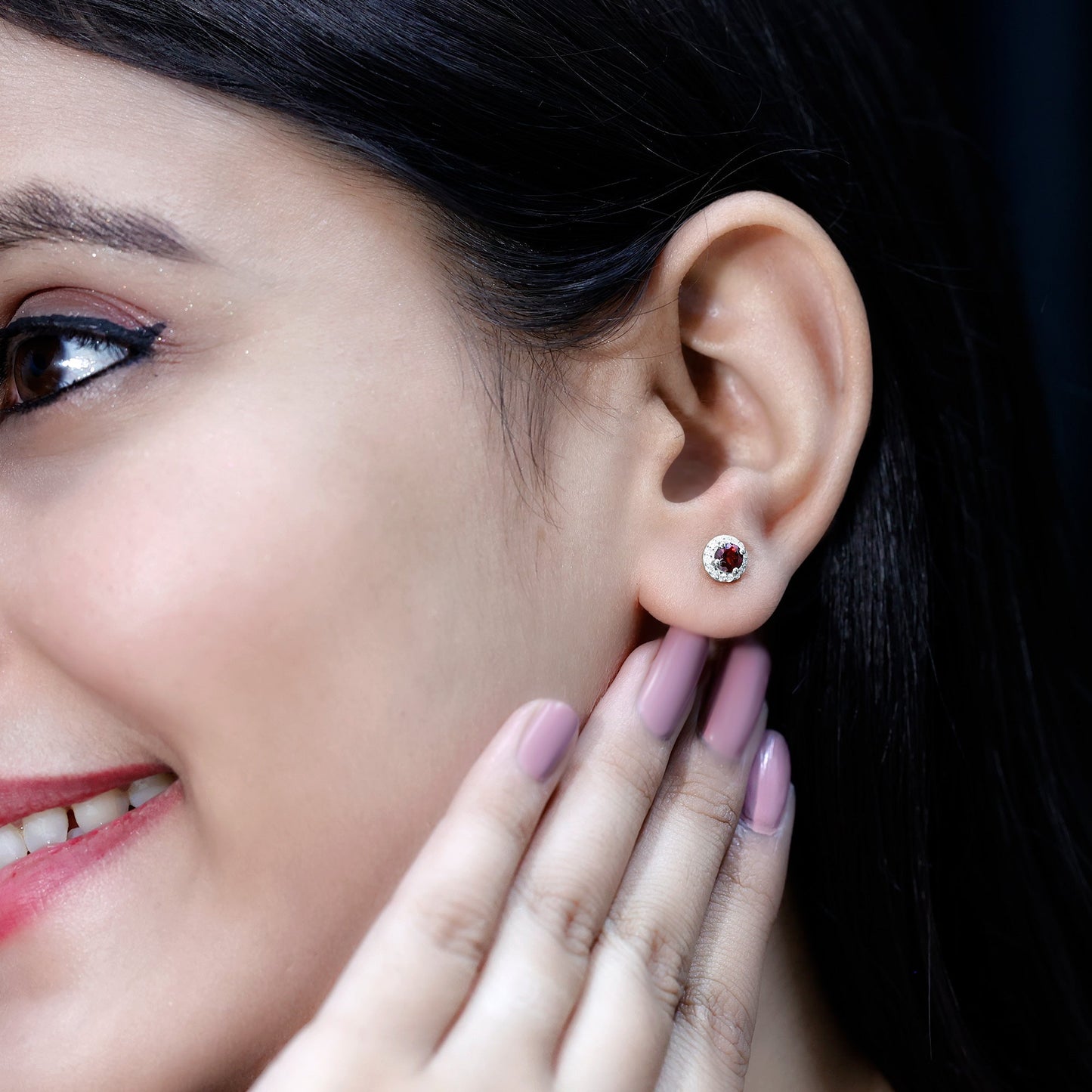 Genuine Garnet Stud Earrings with Lab Grown Diamond Halo