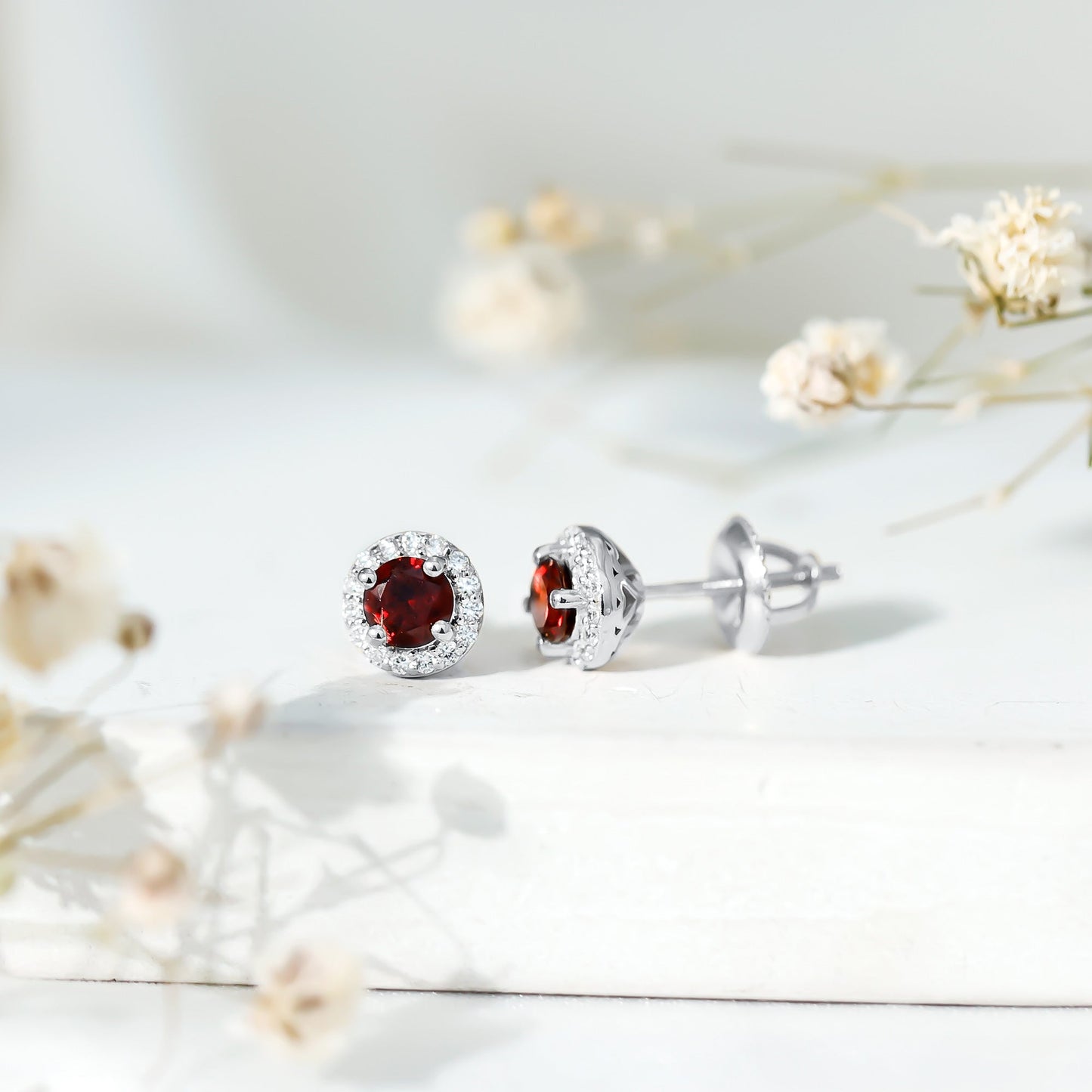 Genuine Garnet Stud Earrings with Lab Grown Diamond Halo