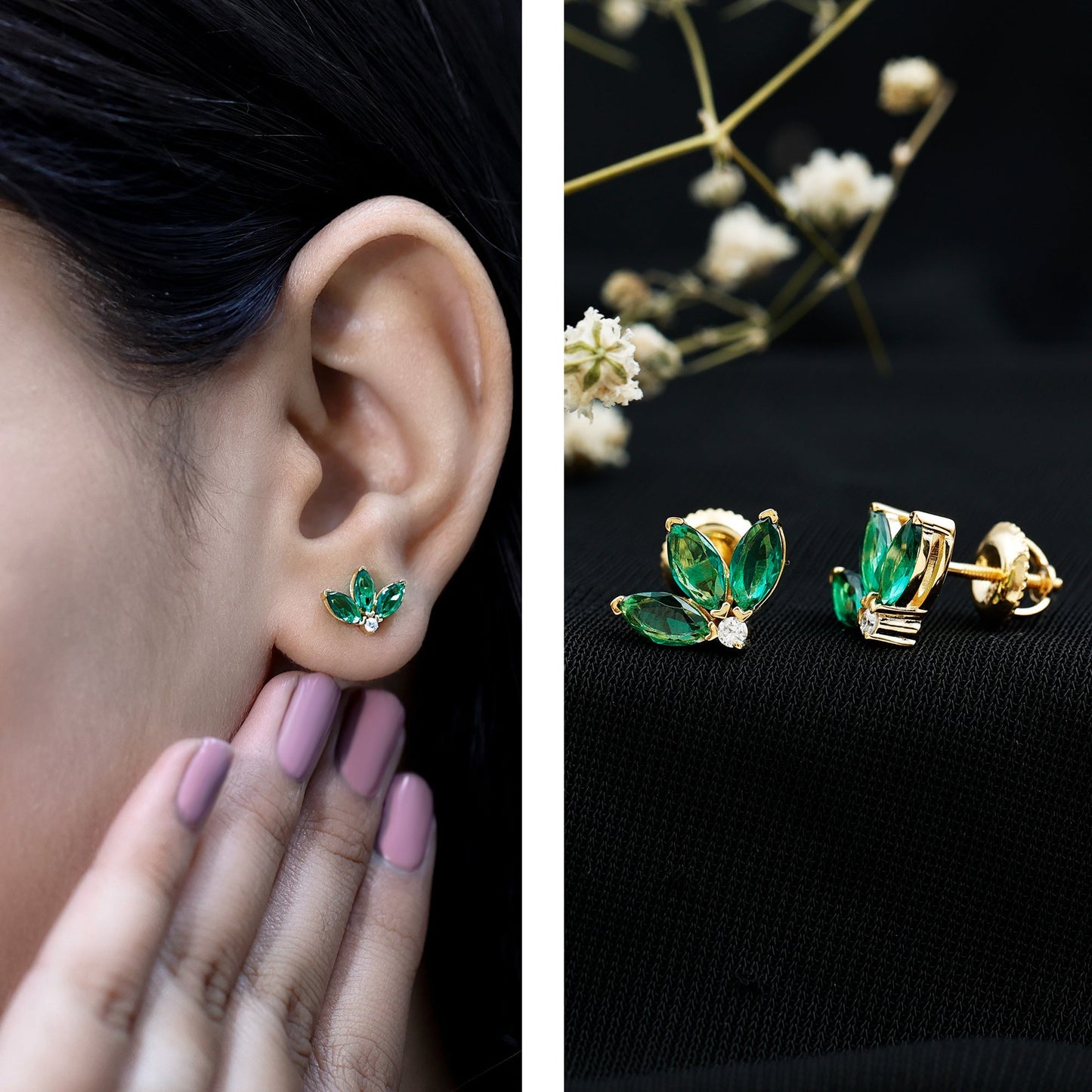 Marquise Cut Lab Created Emerald Leaf Stud Earrings in Silver