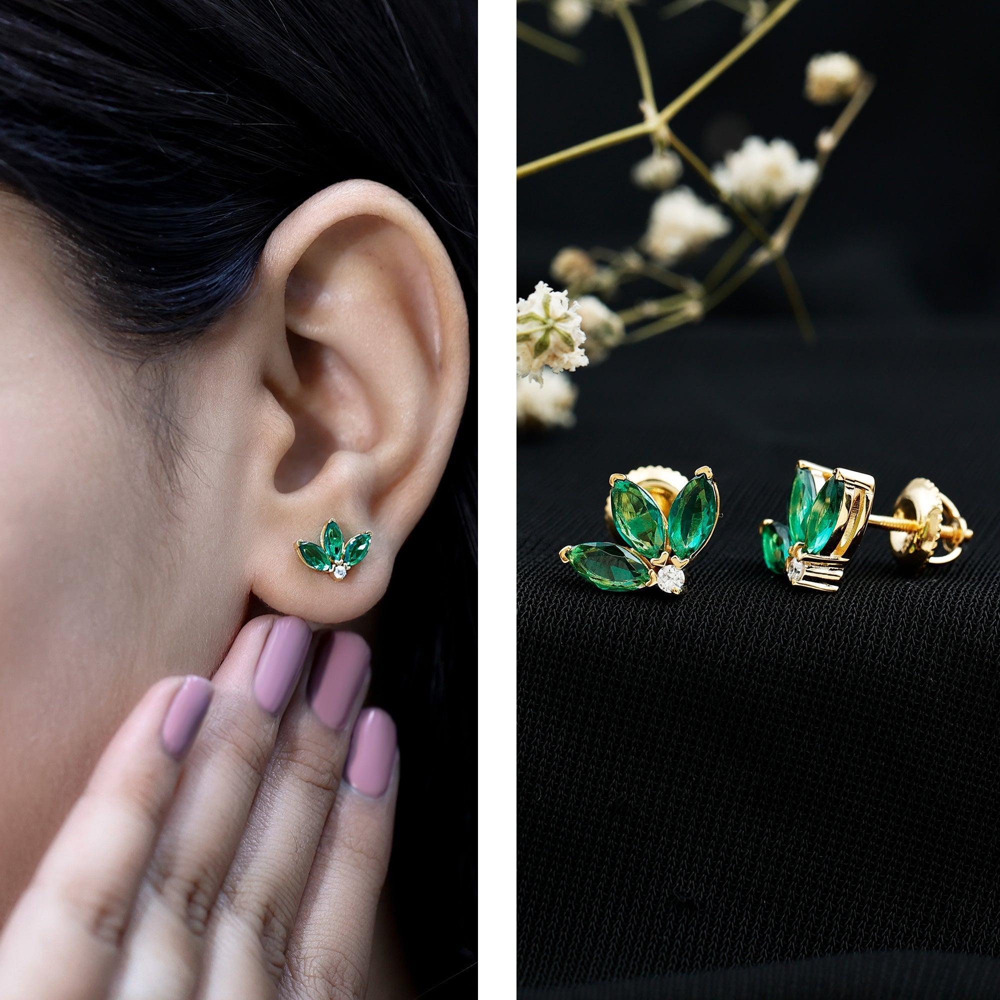 Marquise Cut Lab Created Emerald Leaf Stud Earrings in Silver
