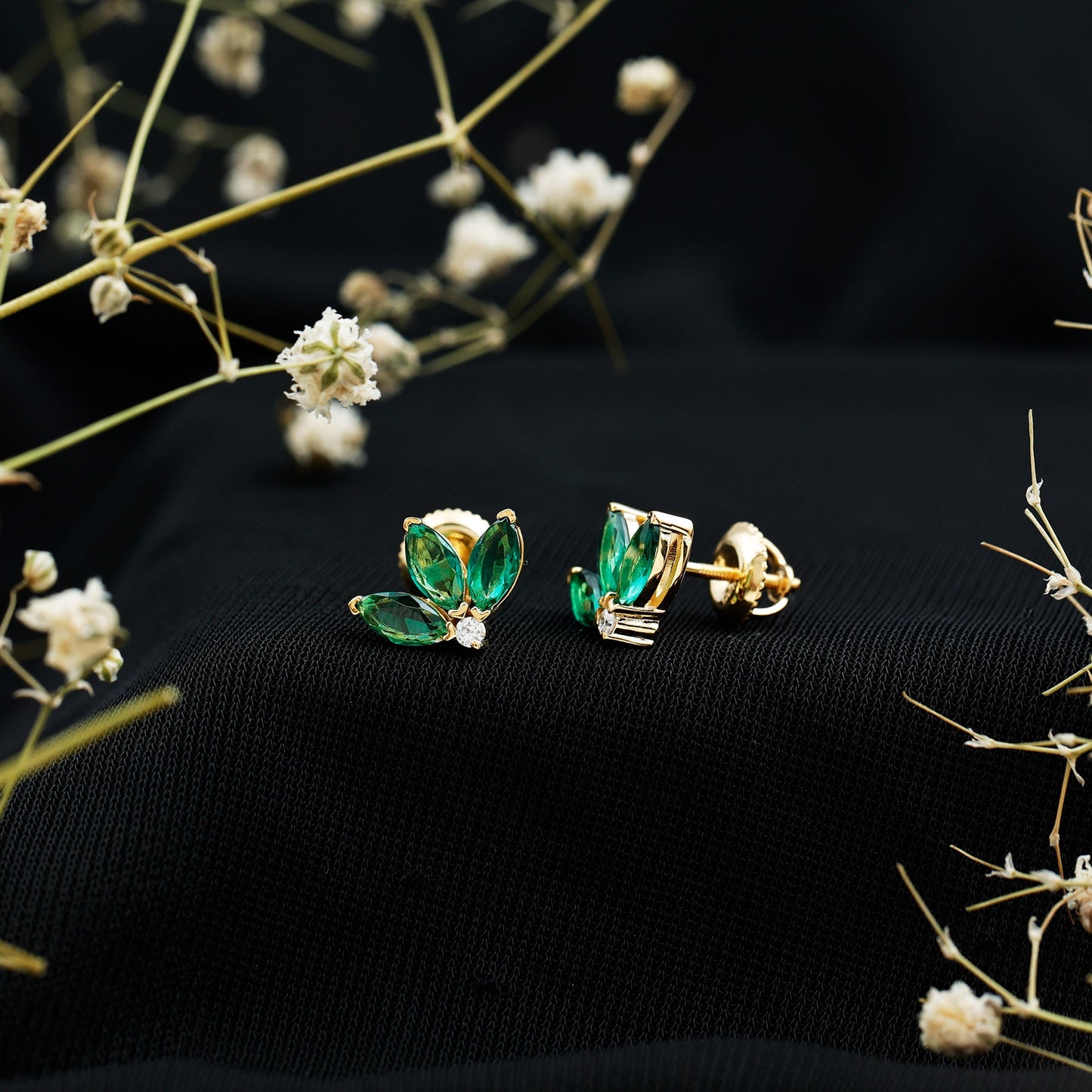 Marquise Cut Lab Created Emerald Leaf Stud Earrings in Silver