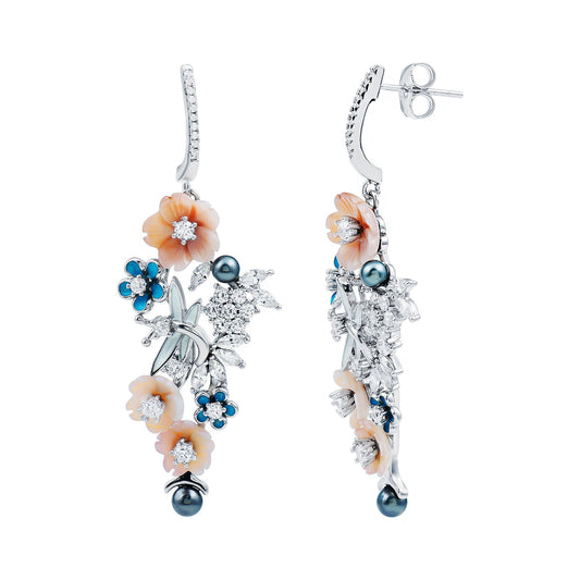 Certified Multi Gemstone Flower Dangle Earrings in Silver