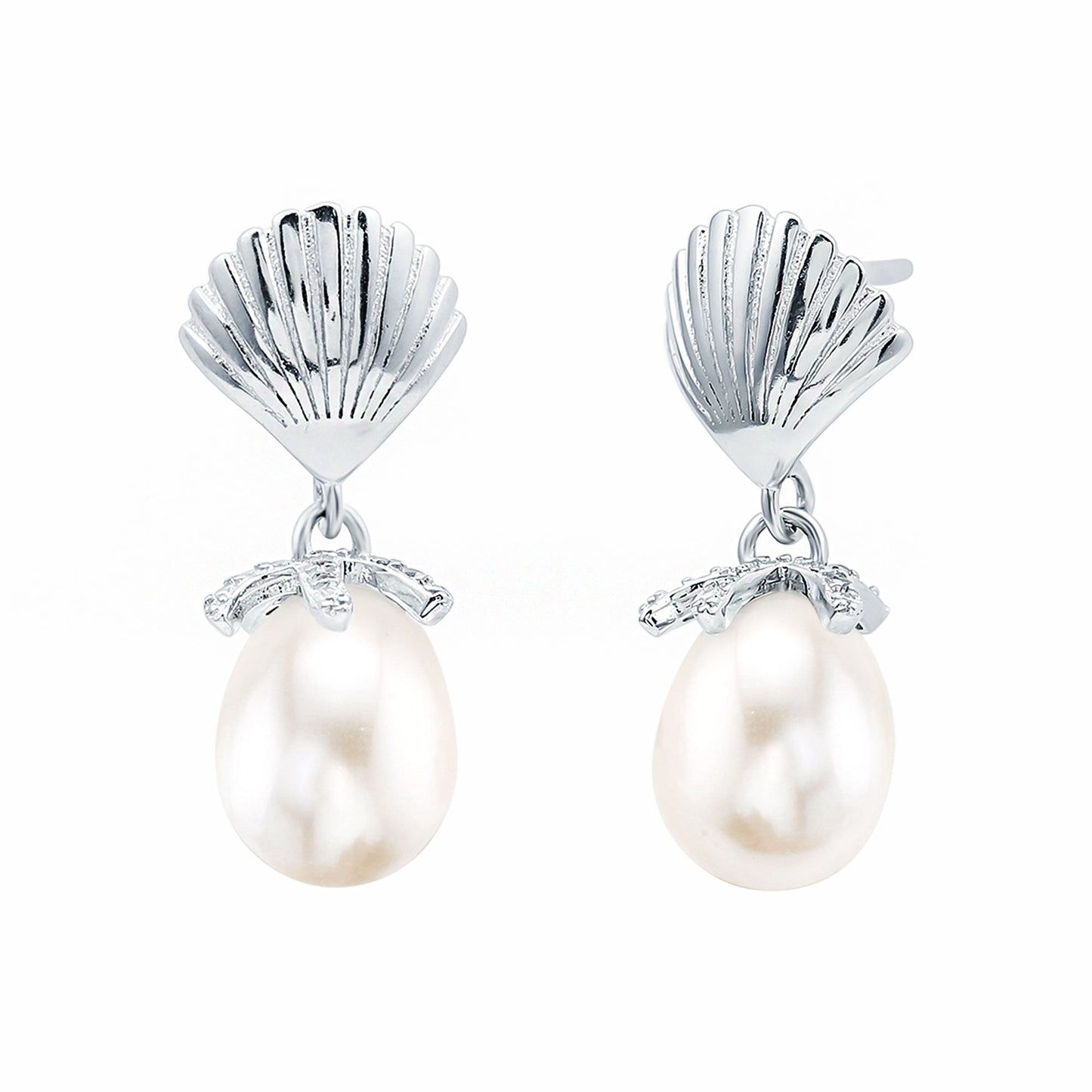 14K Gold Plated Silver Shell and Pearl Drop Earrings