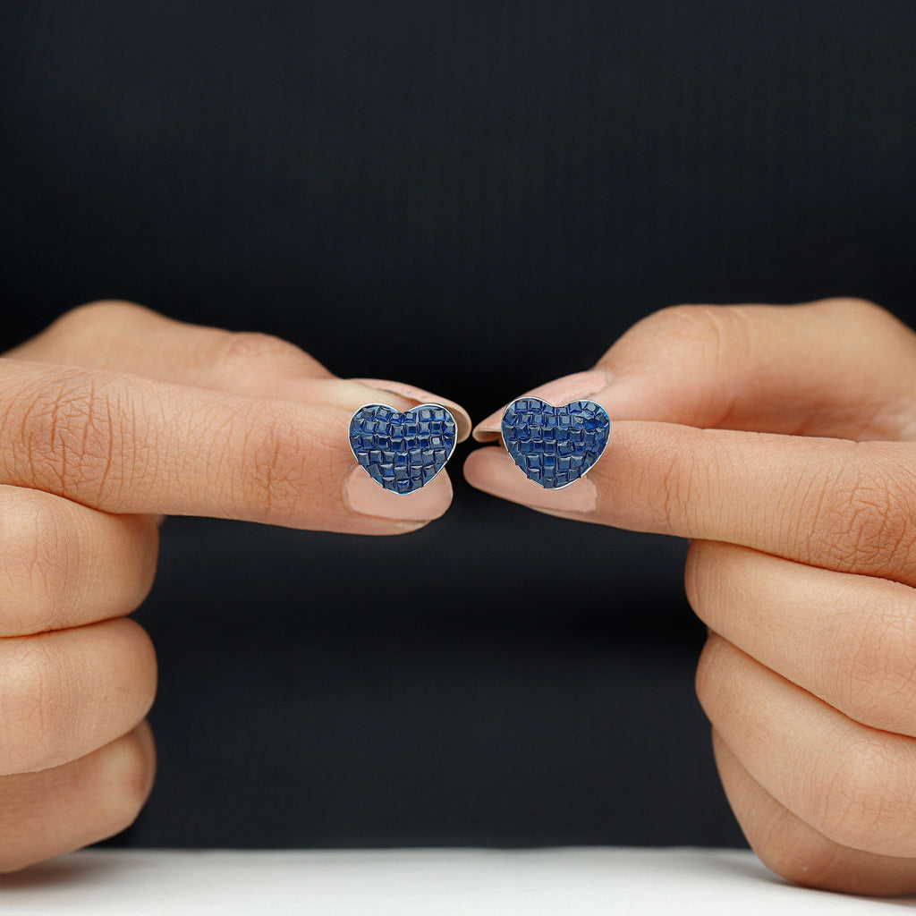 Lab Grown Blue Sapphire Heart Stud Earrings in 14K Gold Plated Silver