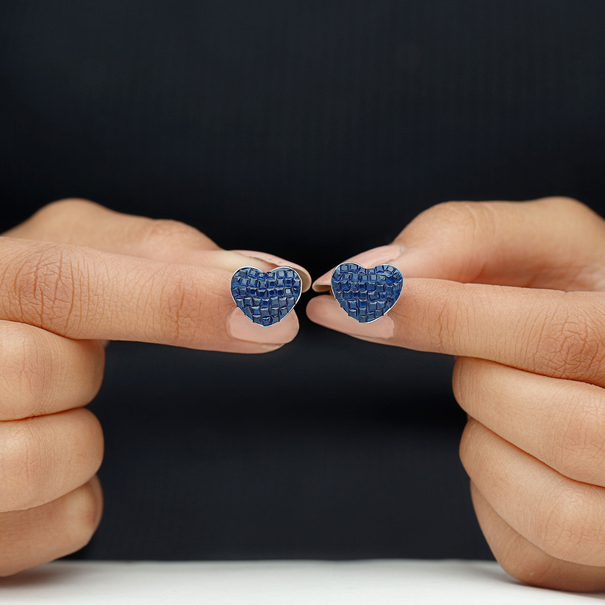 Lab Grown Blue Sapphire Heart Stud Earrings in 14K Gold Plated Silver