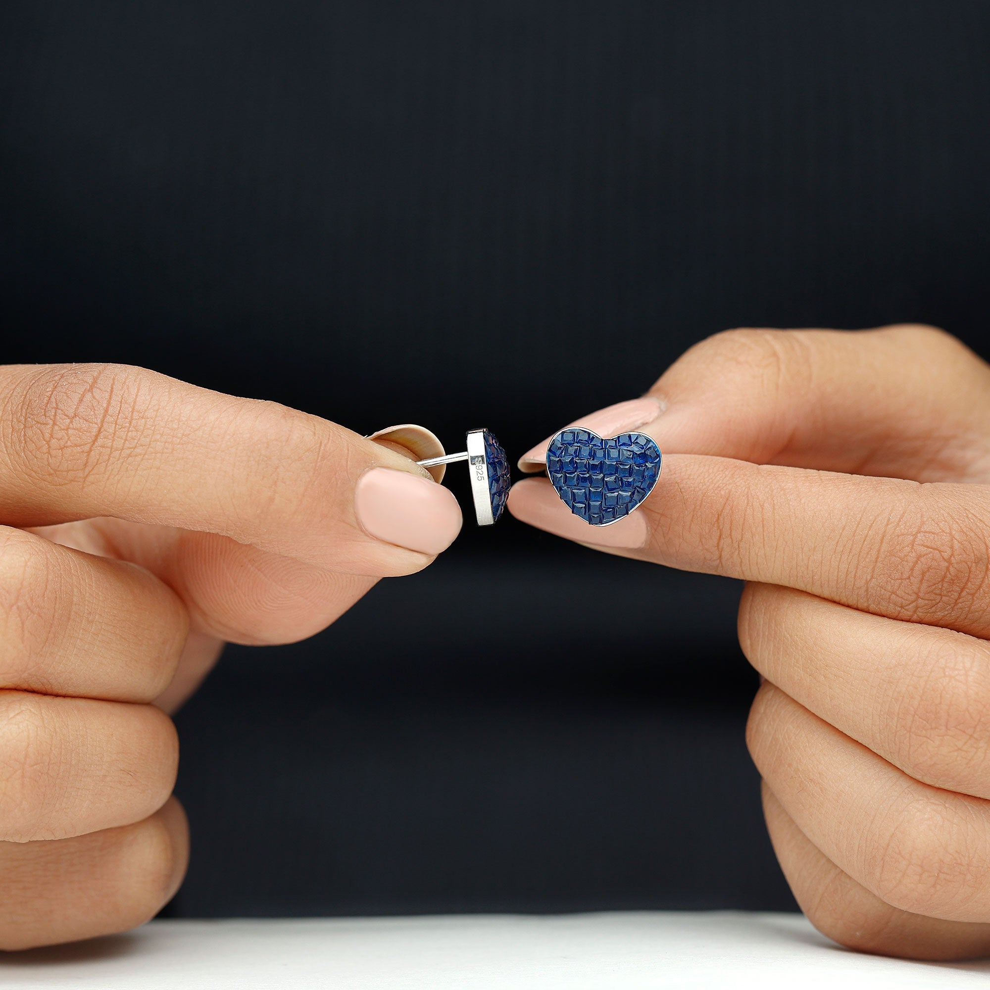 Lab Grown Blue Sapphire Heart Stud Earrings in 14K Gold Plated Silver