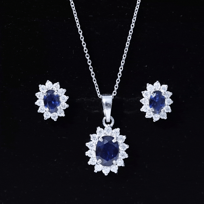 Princess Diana Inspired Lab Grown Blue Sapphire Necklace Earrings Set with Moissanite