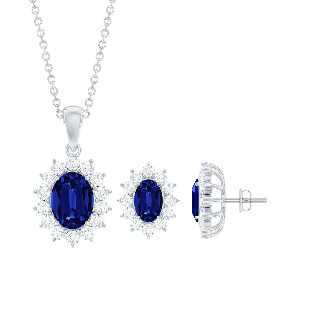 Princess Diana Inspired Lab Grown Blue Sapphire Necklace Earrings Set with Moissanite