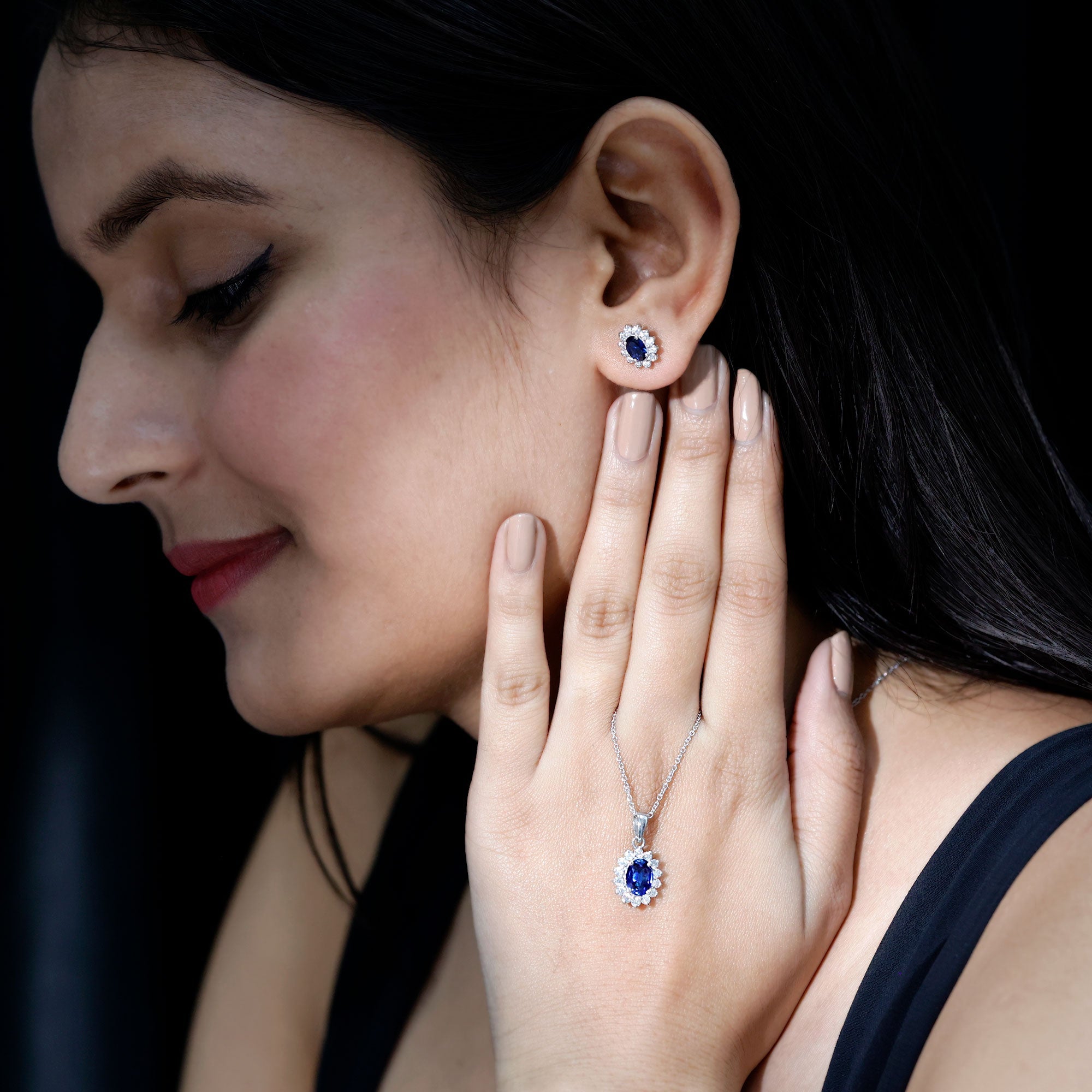 Princess Diana Inspired Lab Grown Blue Sapphire Necklace Earrings Set with Moissanite