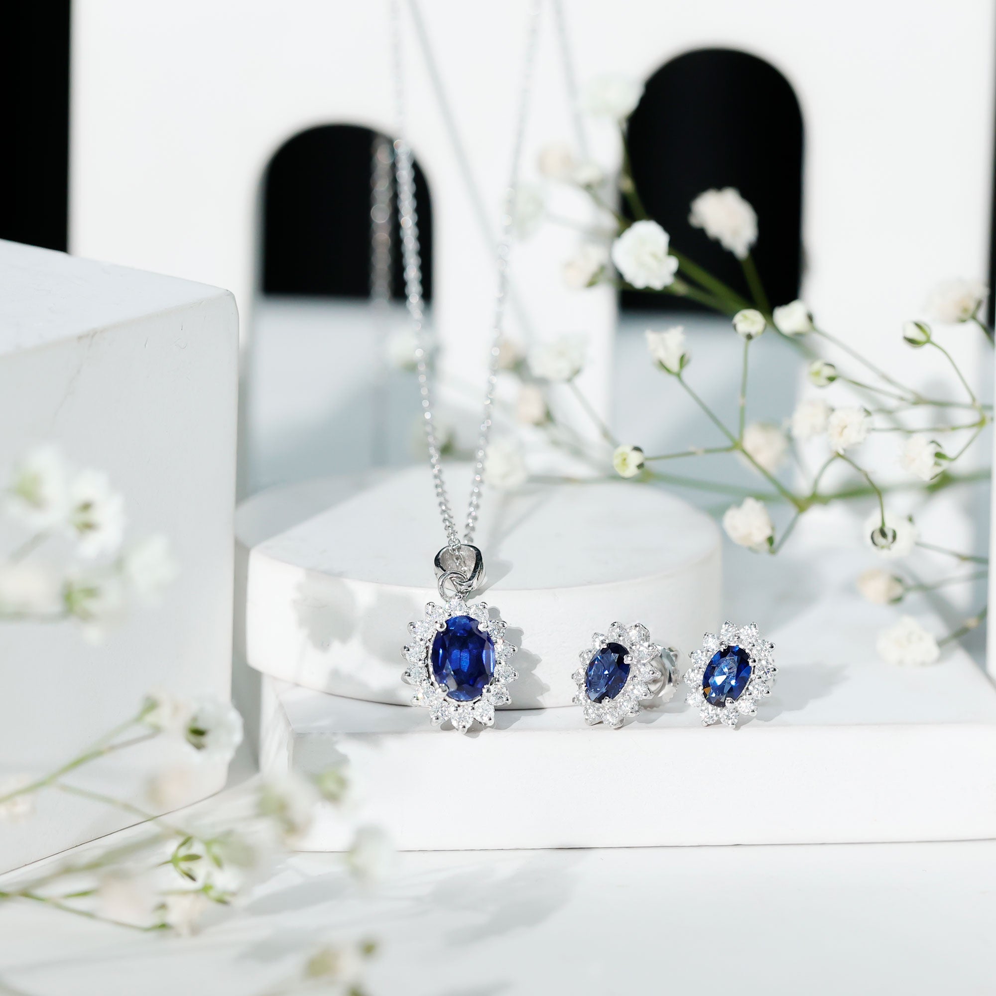Princess Diana Inspired Lab Grown Blue Sapphire Necklace Earrings Set with Moissanite
