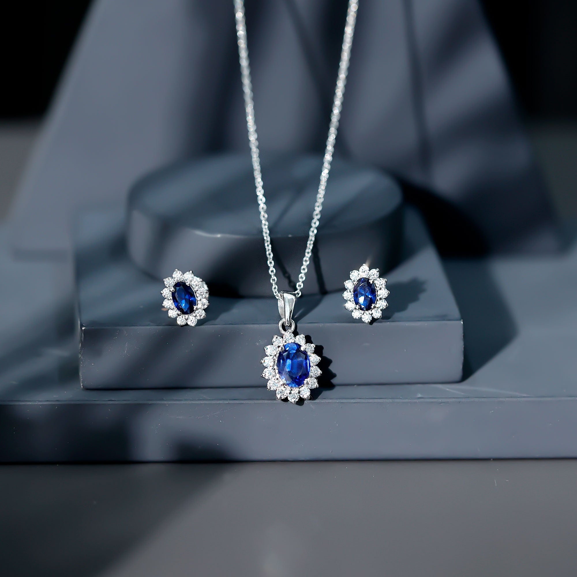 Princess Diana Inspired Lab Grown Blue Sapphire Necklace Earrings Set with Moissanite