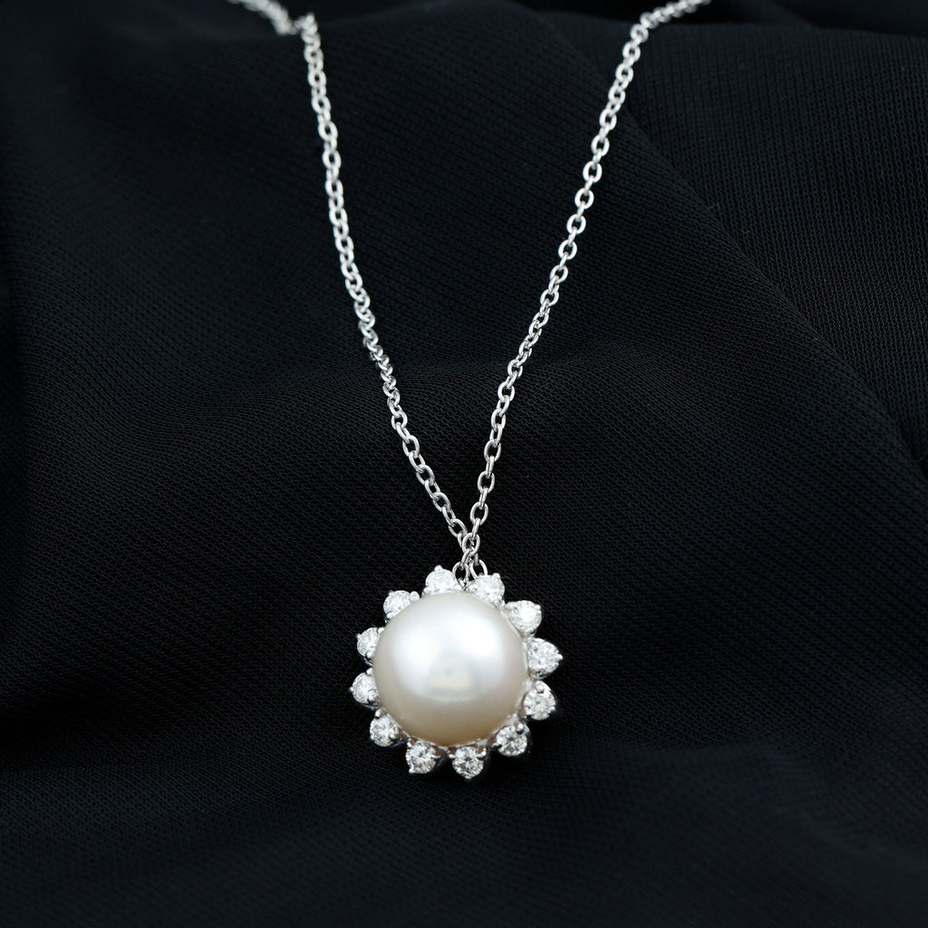 Freshwater Pearl and Moissanite Cocktail Flower Pendant Necklace