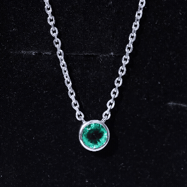 Bezel Set Lab Grown Emerald Sterling Silver Solitaire Necklace