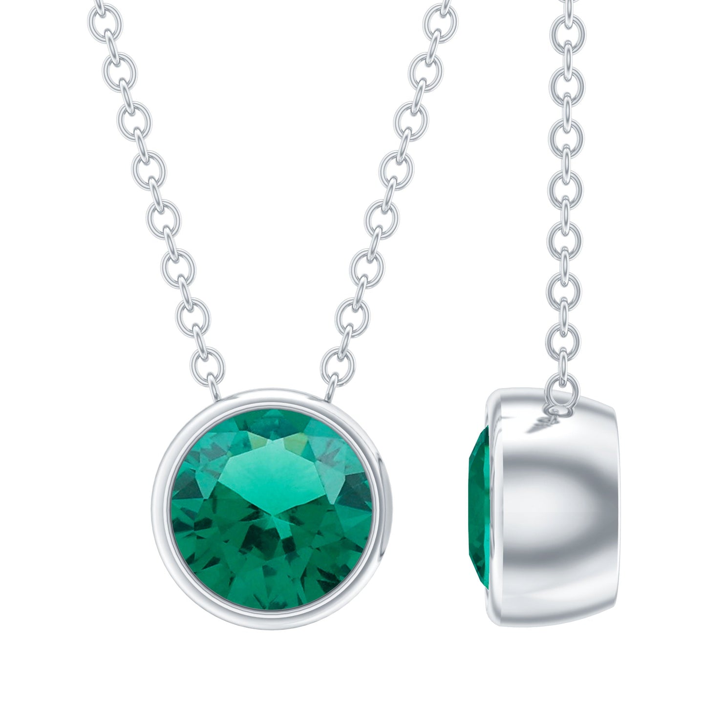 Bezel Set Lab Grown Emerald Sterling Silver Solitaire Necklace