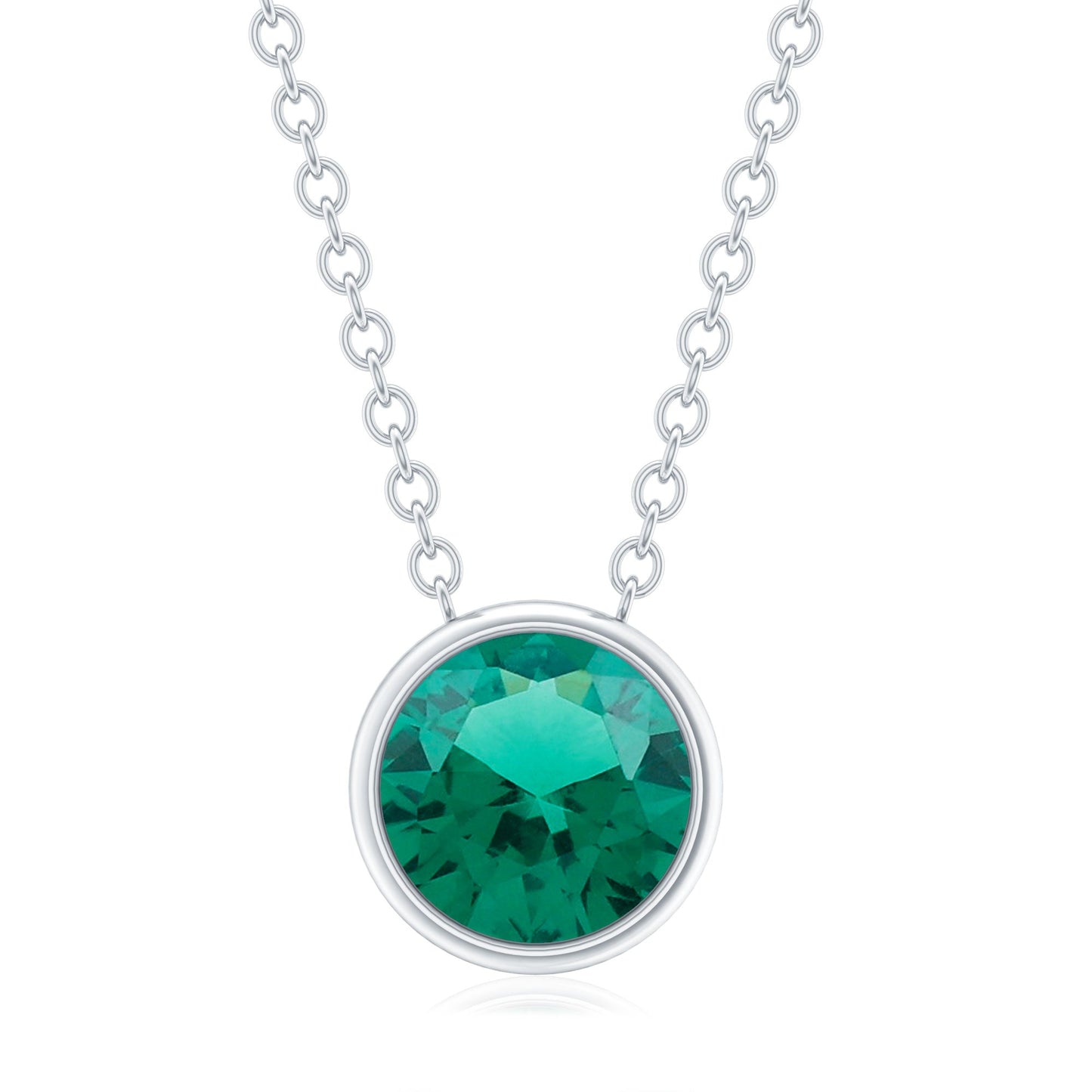 Bezel Set Lab Grown Emerald Sterling Silver Solitaire Necklace