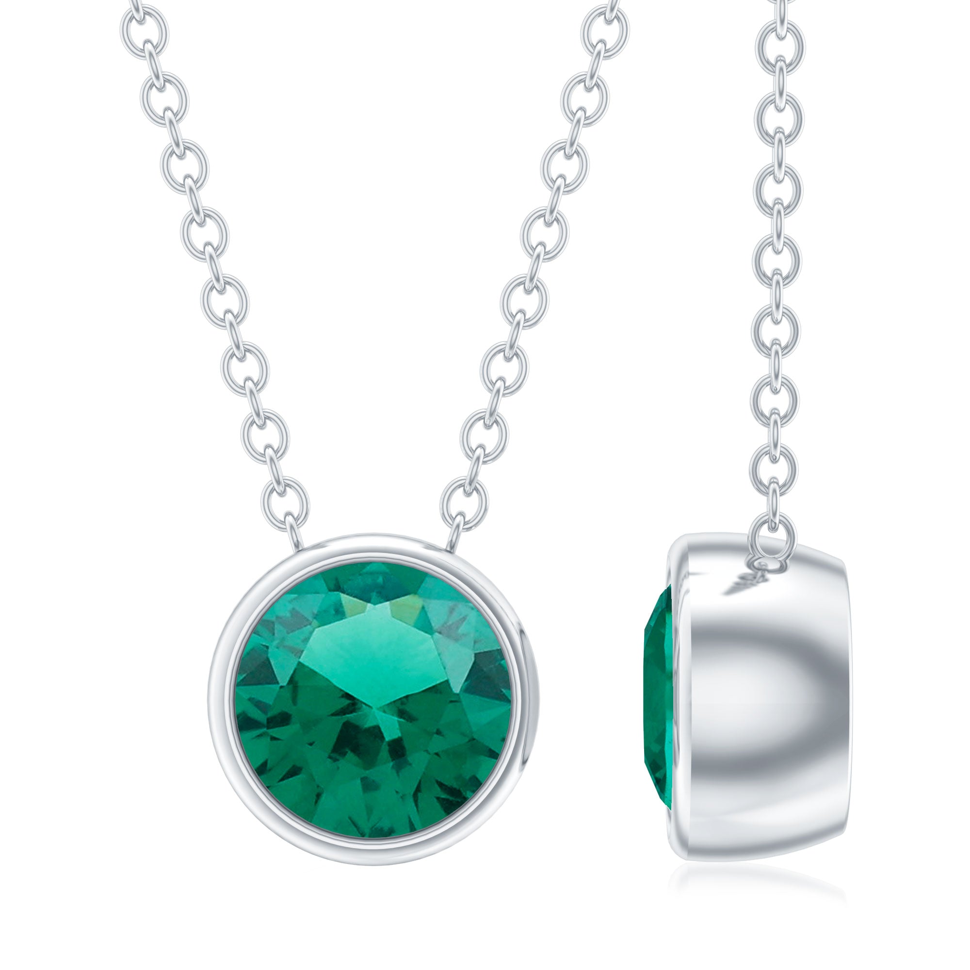 Bezel Set Lab Grown Emerald Sterling Silver Solitaire Necklace