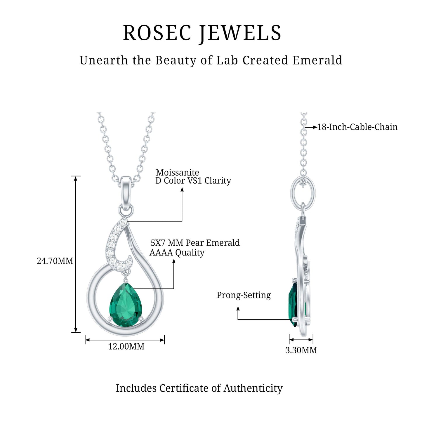 Pear Cut 5X7 MM Lab Emerald Teardrop Necklace with Silver Chain