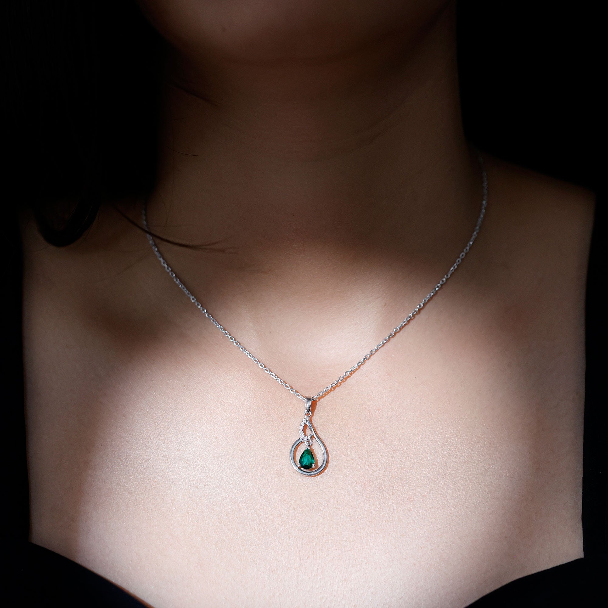 Pear Cut 5X7 MM Lab Emerald Teardrop Necklace with Silver Chain