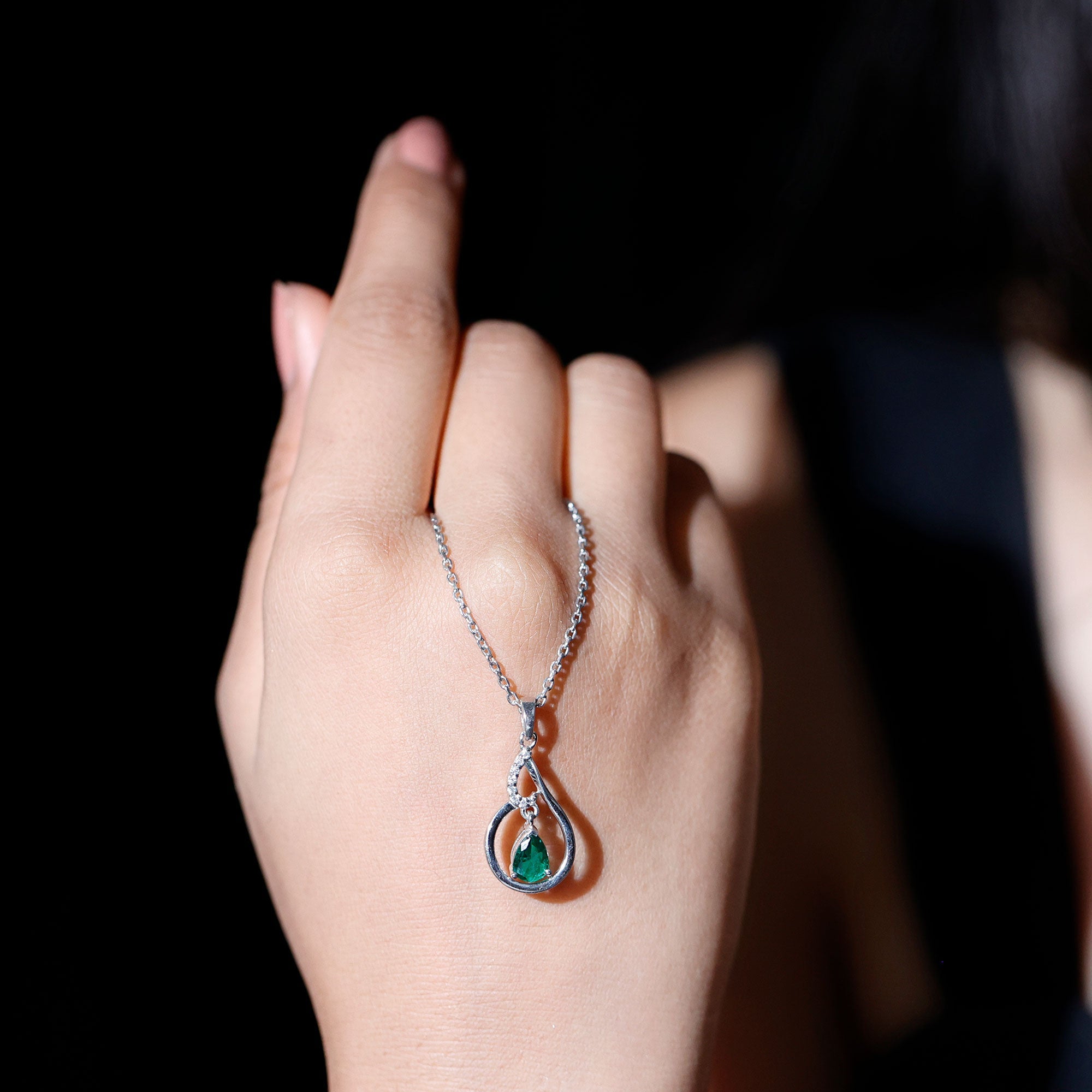 Pear Cut 5X7 MM Lab Emerald Teardrop Necklace with Silver Chain