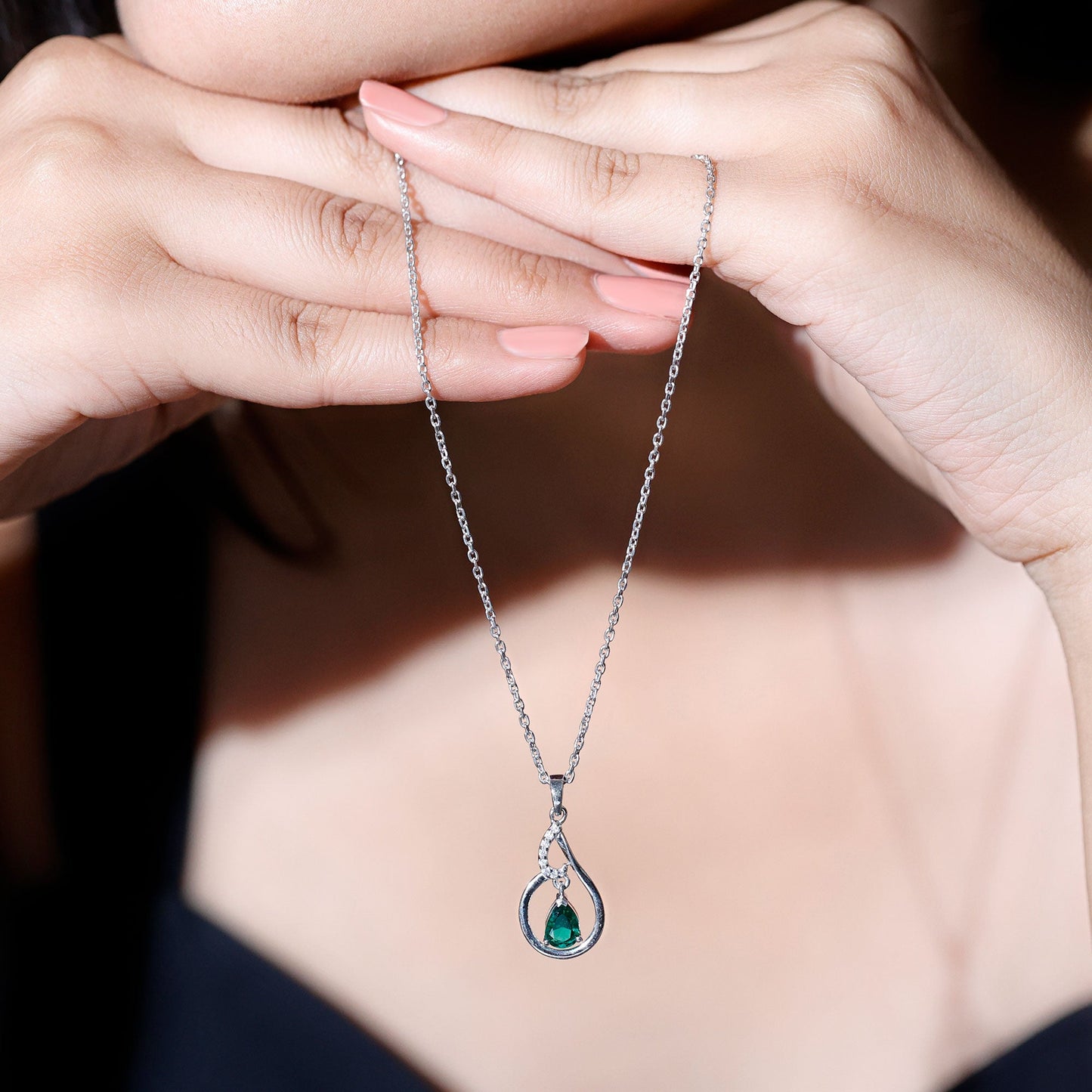 Pear Cut 5X7 MM Lab Emerald Teardrop Necklace with Silver Chain