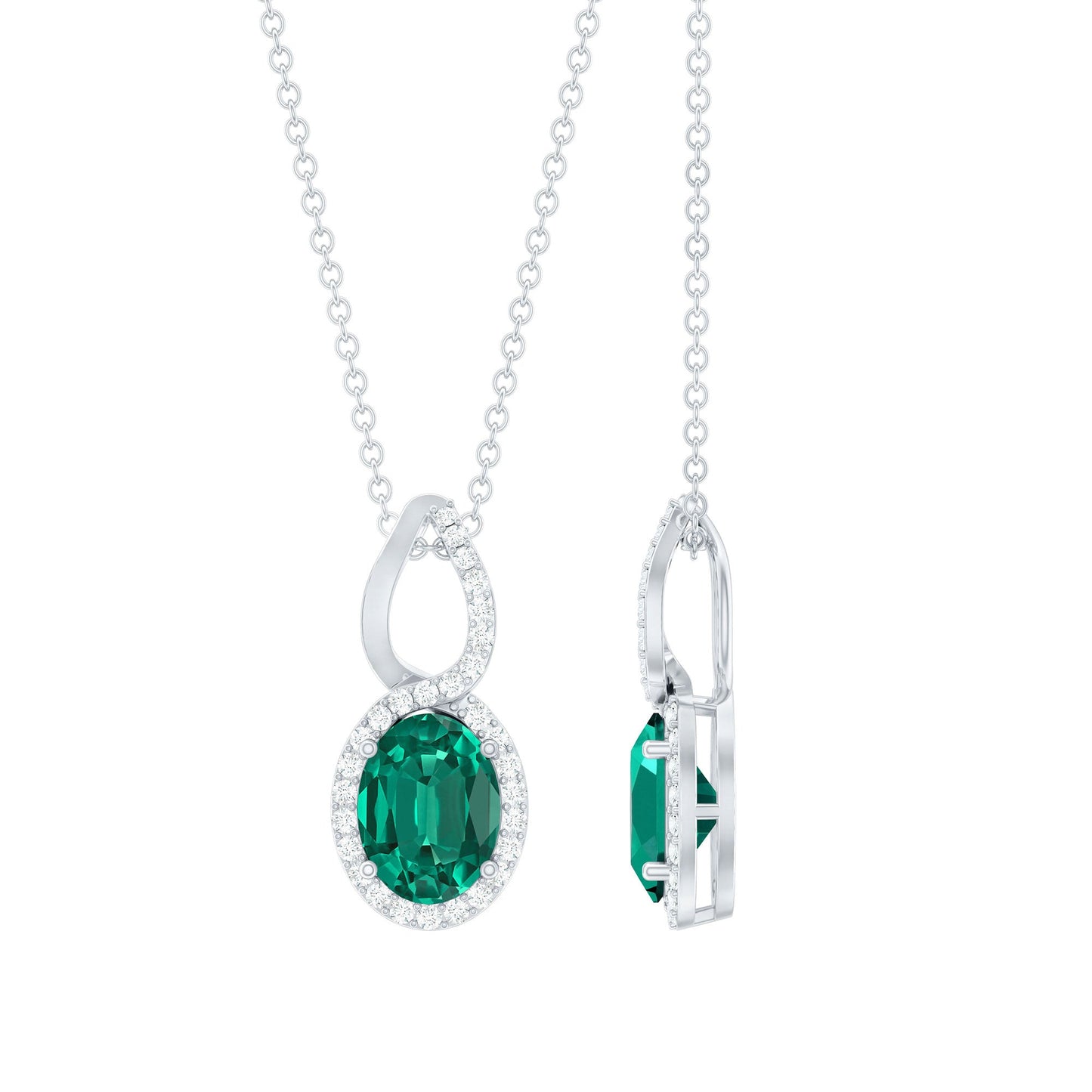 Oval Cut 6X8 MM Lab Created Emerald Infinity Necklace with Moissanite Halo