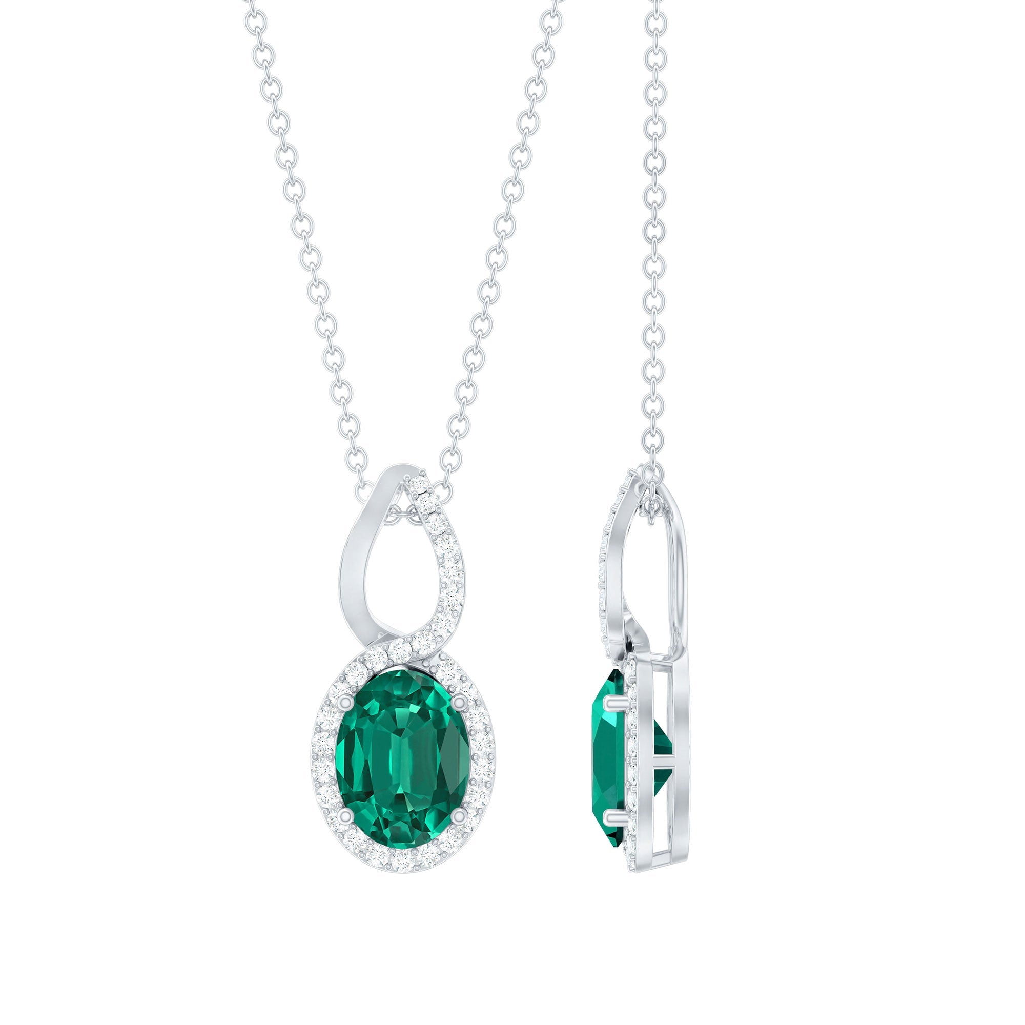 Oval Cut 6X8 MM Lab Created Emerald Infinity Necklace with Moissanite Halo