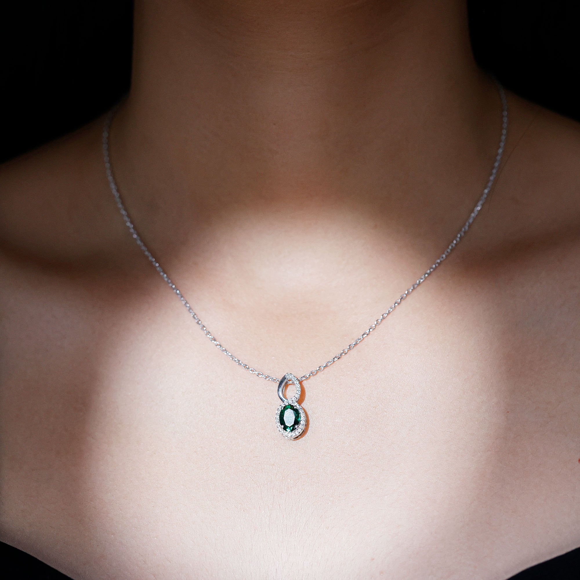 Oval Cut 6X8 MM Lab Created Emerald Infinity Necklace with Moissanite Halo