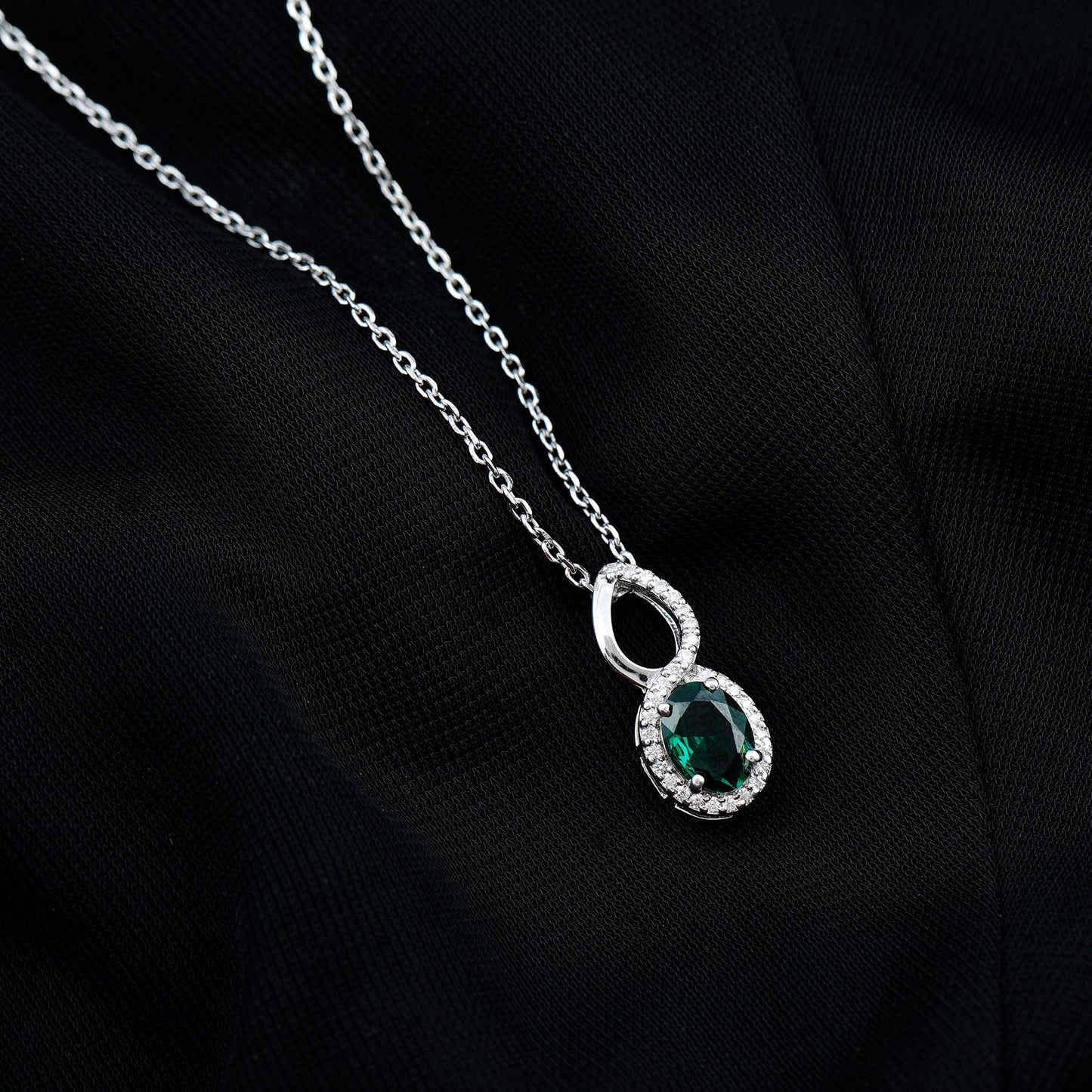 Oval Cut 6X8 MM Lab Created Emerald Infinity Necklace with Moissanite Halo