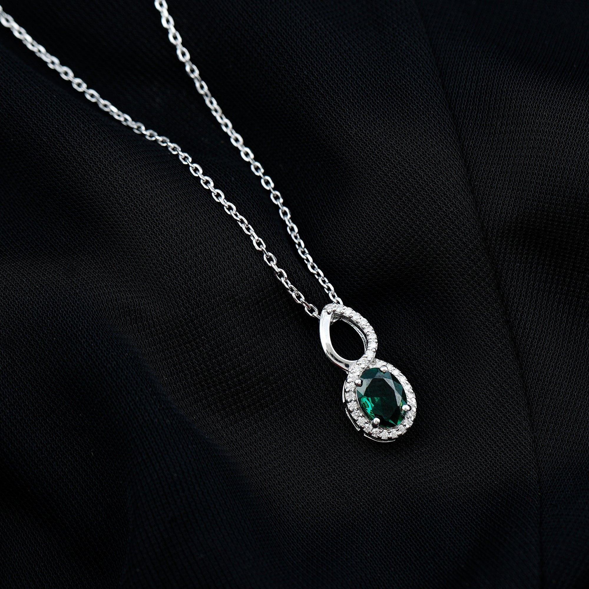 Oval Cut 6X8 MM Lab Created Emerald Infinity Necklace with Moissanite Halo
