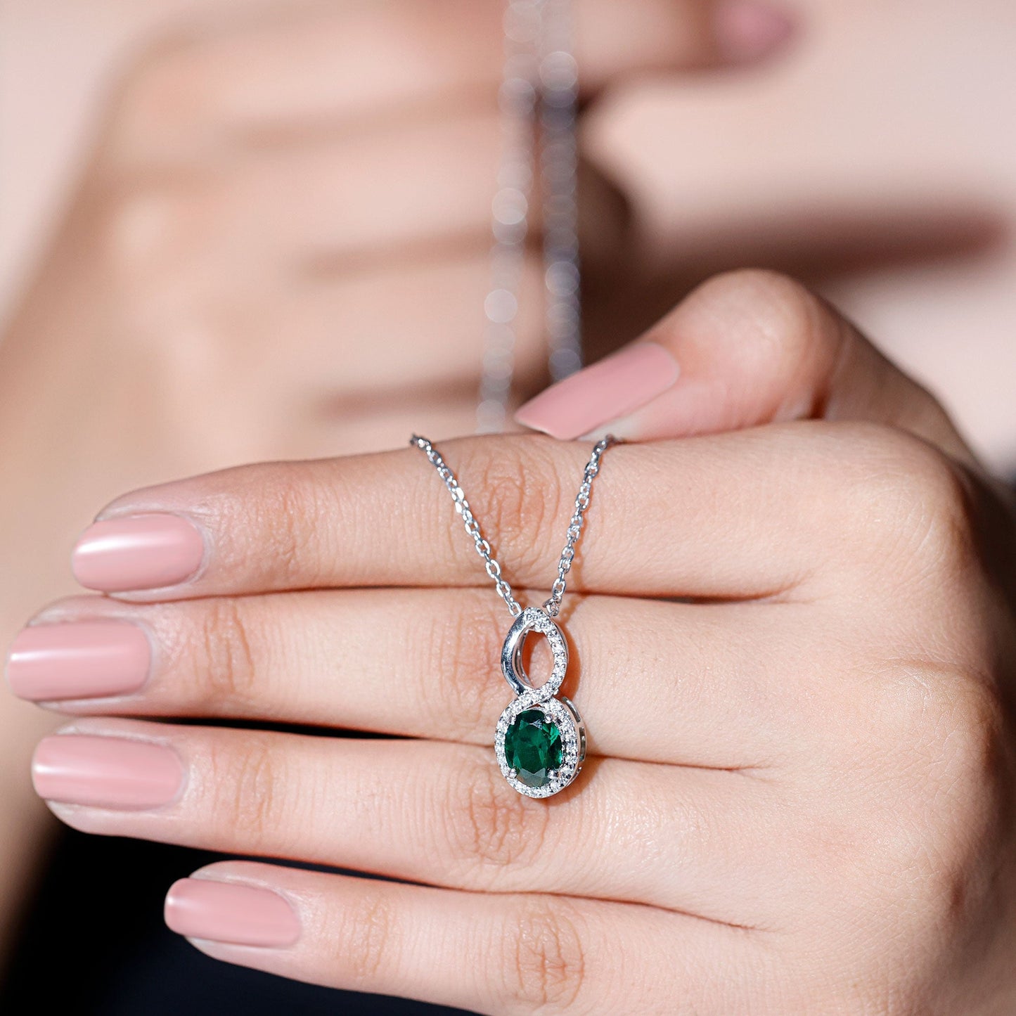 Oval Cut 6X8 MM Lab Created Emerald Infinity Necklace with Moissanite Halo