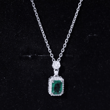 Certified Lab Grown Emerald Vintage Bridal Necklace with Silver Chain