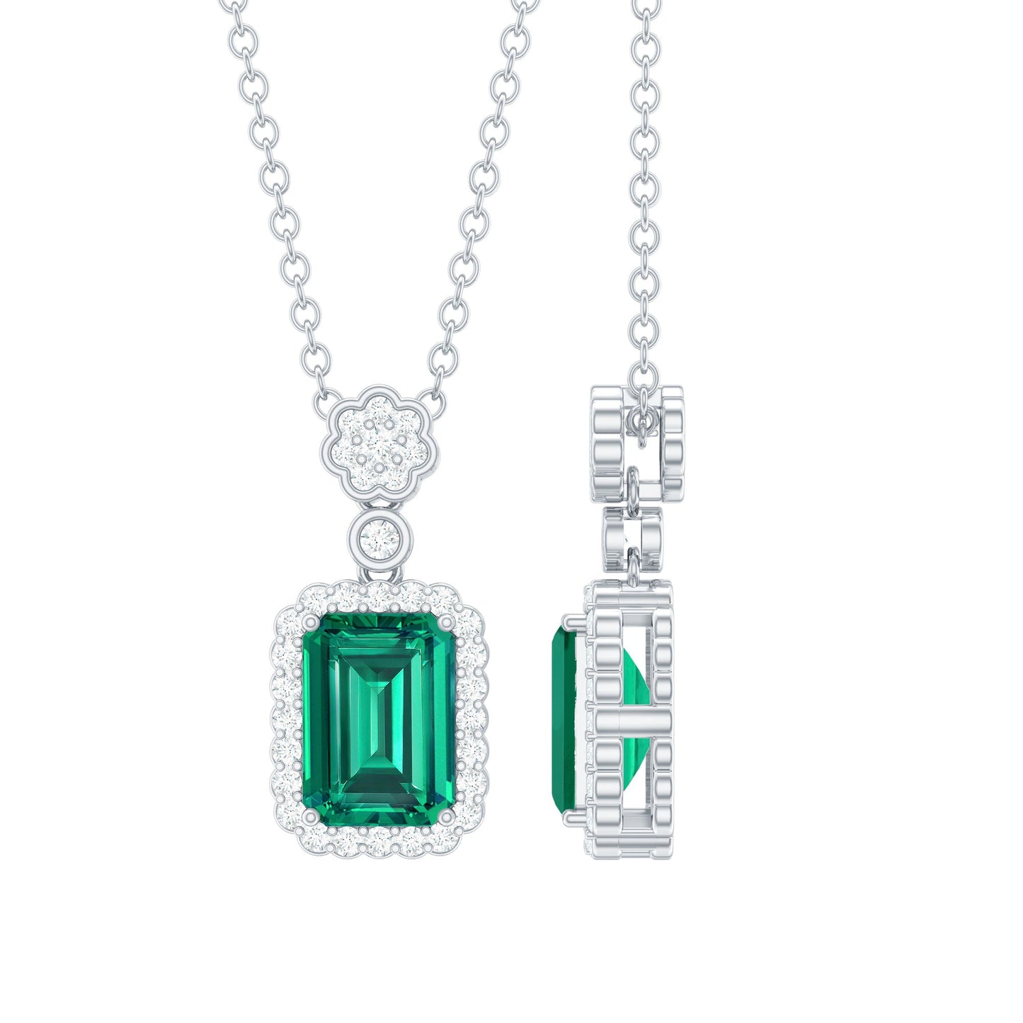 Certified Lab Grown Emerald Vintage Bridal Necklace with Silver Chain