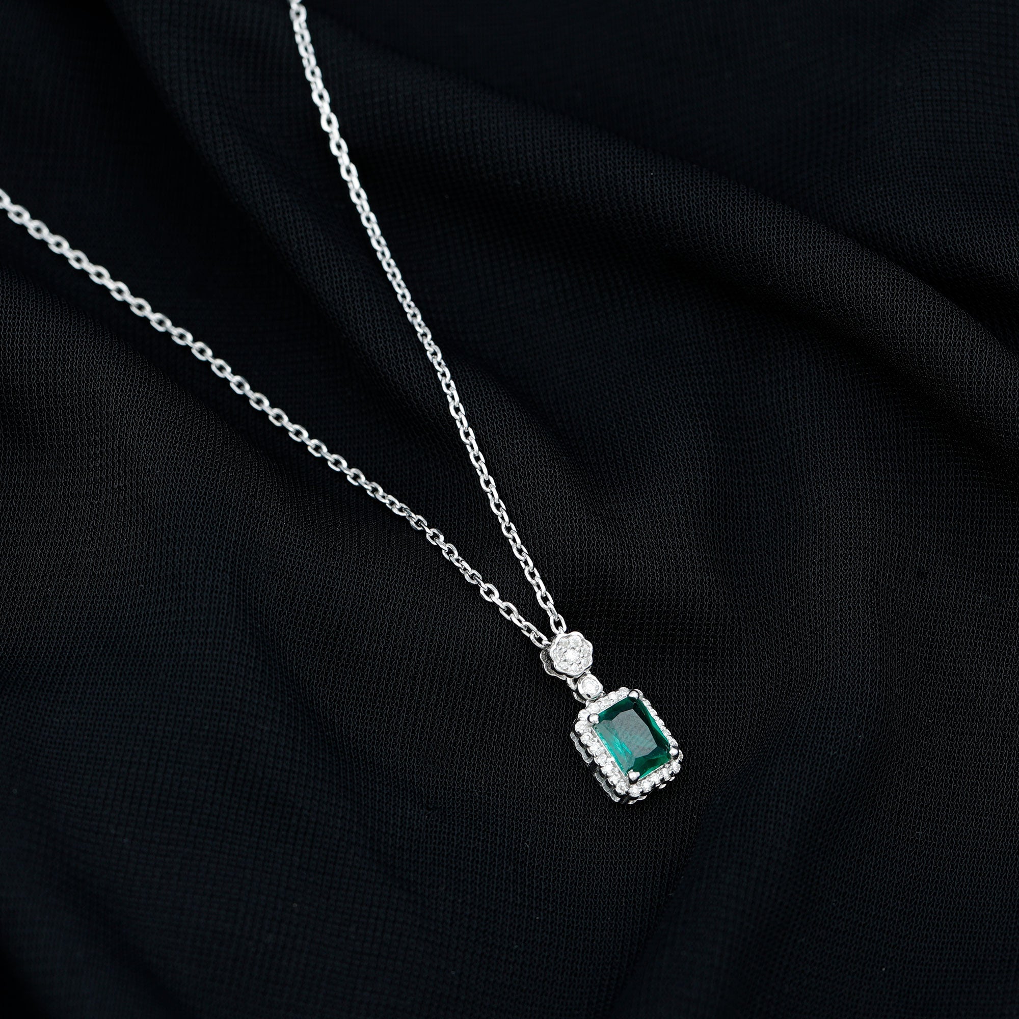 Certified Lab Grown Emerald Vintage Bridal Necklace with Silver Chain