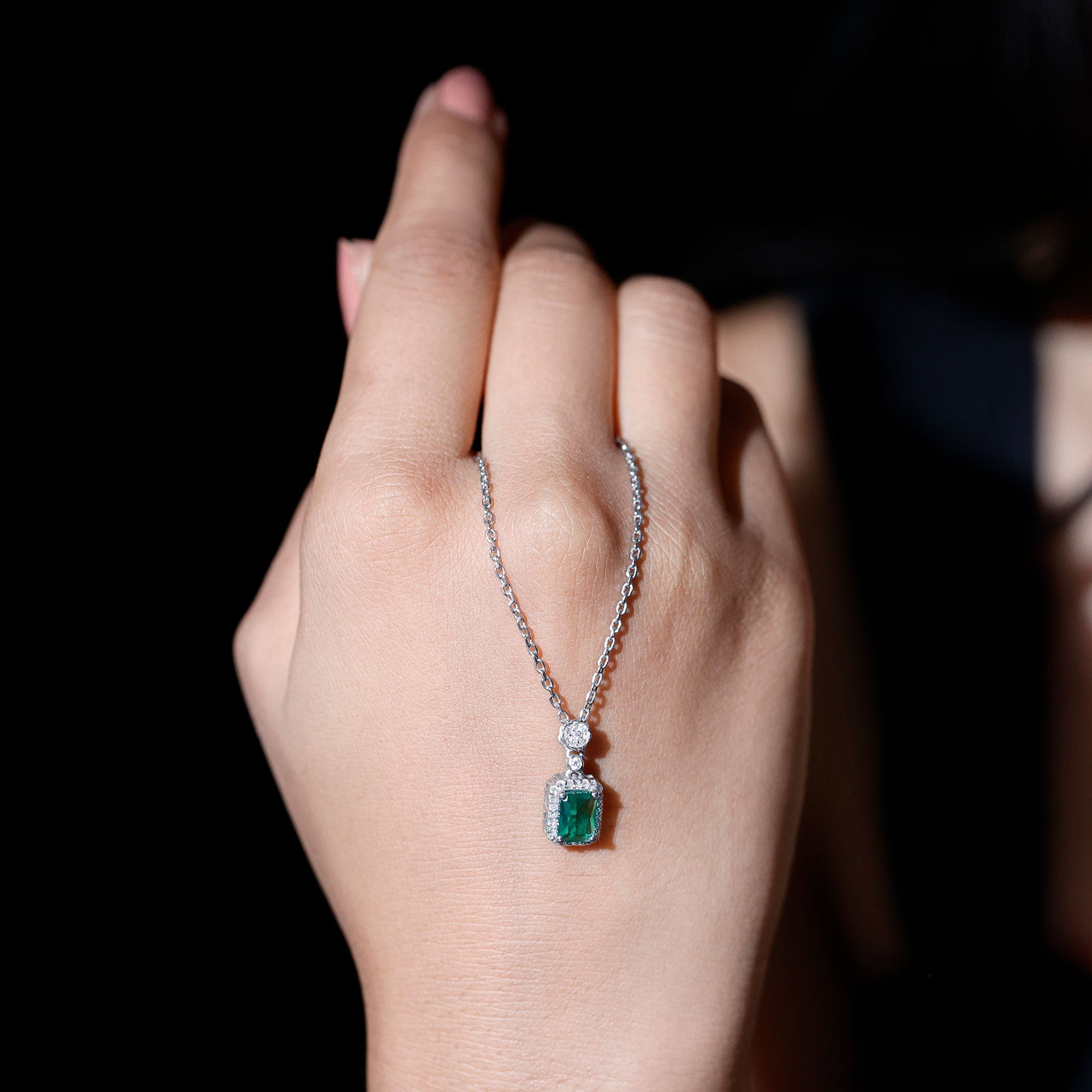 Certified Lab Grown Emerald Vintage Bridal Necklace with Silver Chain