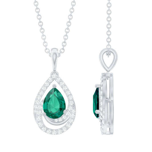Lab Grown Emerald Vintage Teardrop Pendant Necklace with Moissanite