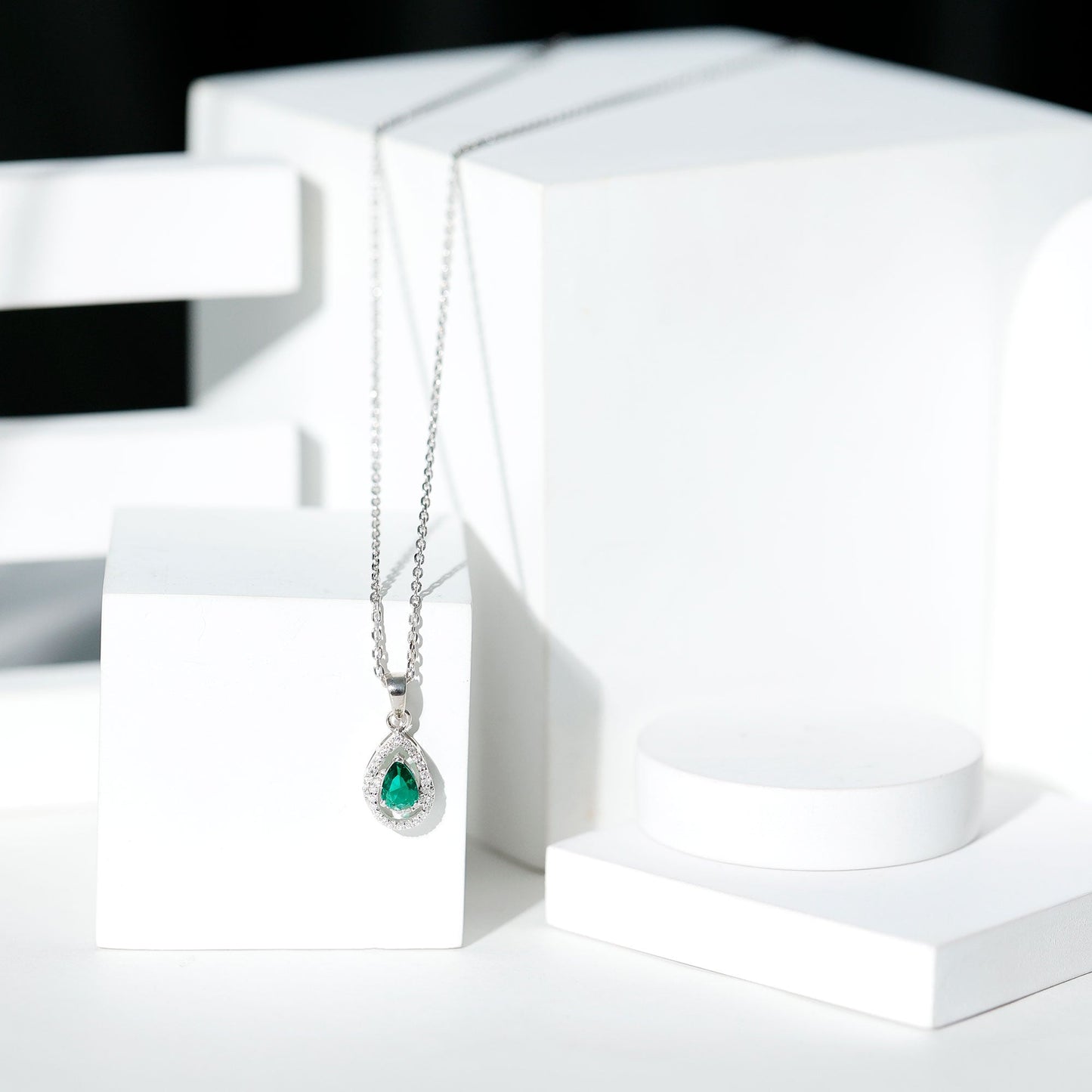 Lab Grown Emerald Vintage Teardrop Pendant Necklace with Moissanite