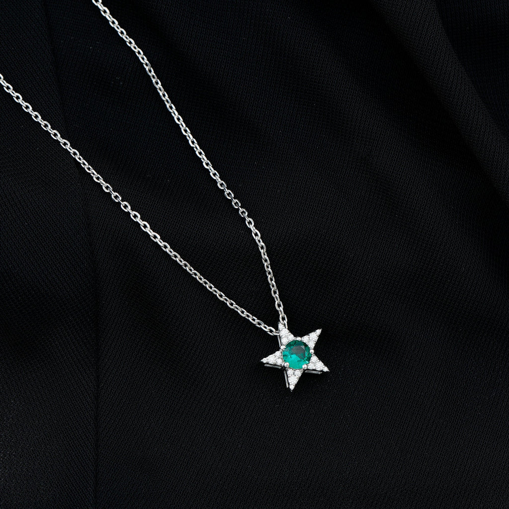 Lab Created Emerald and Moissanite Star Pendant Necklace