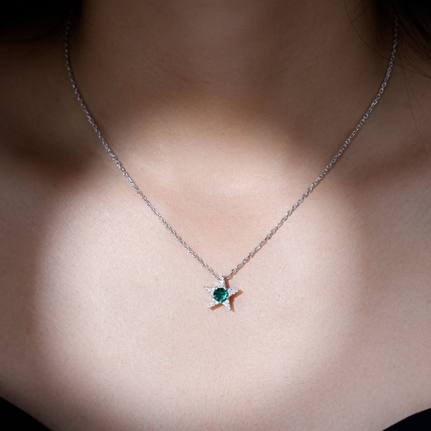 Lab Created Emerald and Moissanite Star Pendant Necklace
