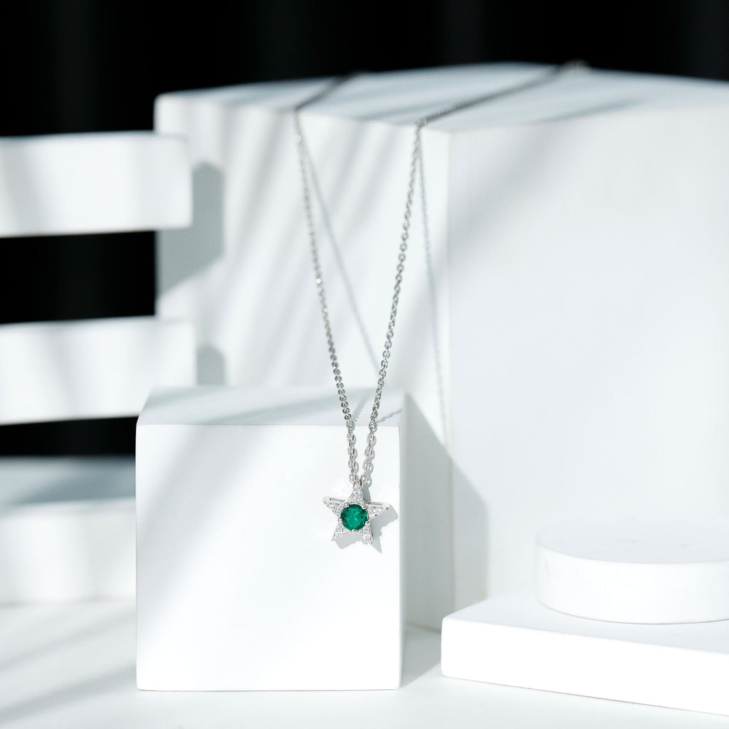 Lab Created Emerald and Moissanite Star Pendant Necklace