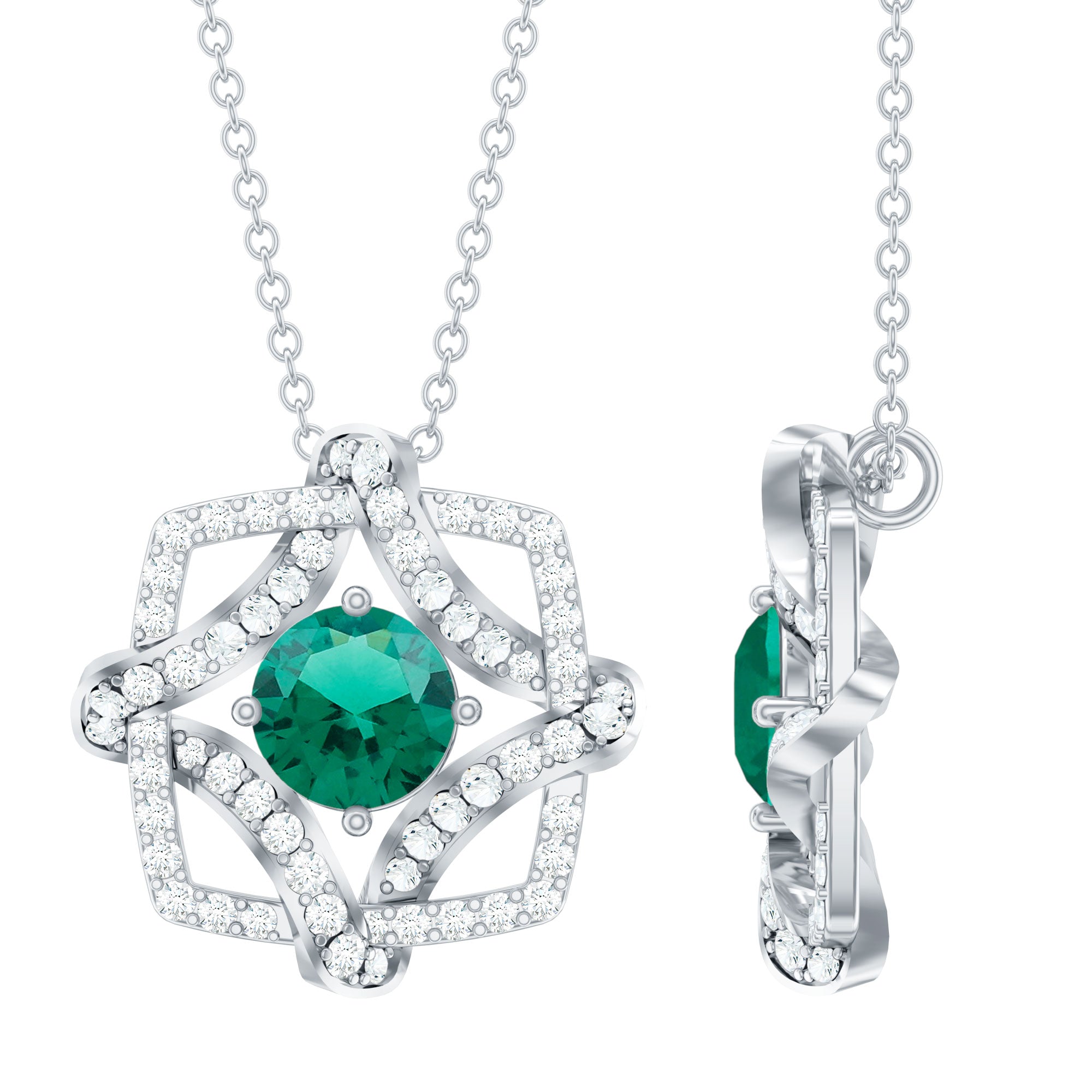 Certified Lab Grown Emerald Interlock Necklace With Silver Chain