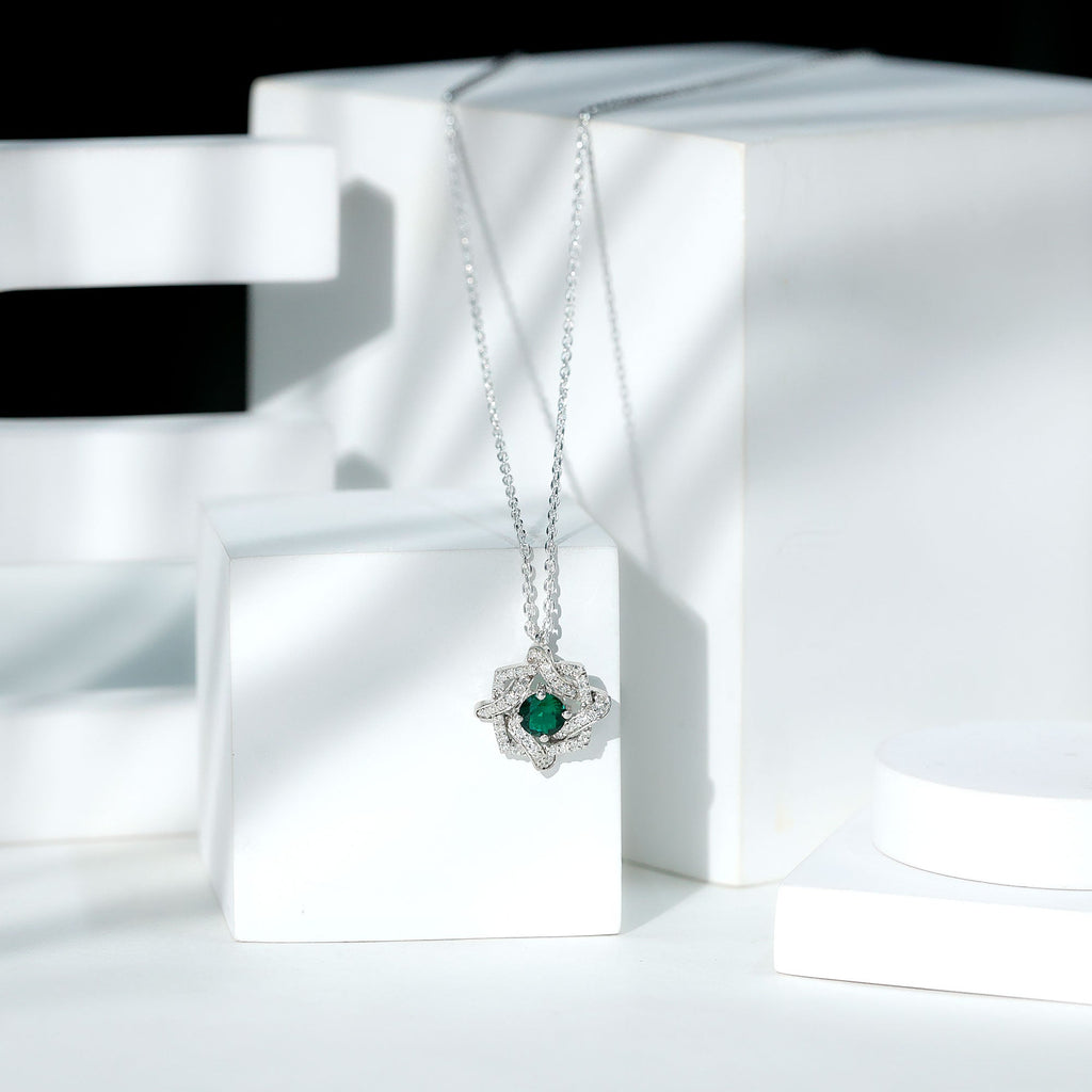 Certified Lab Grown Emerald Interlock Necklace With Silver Chain